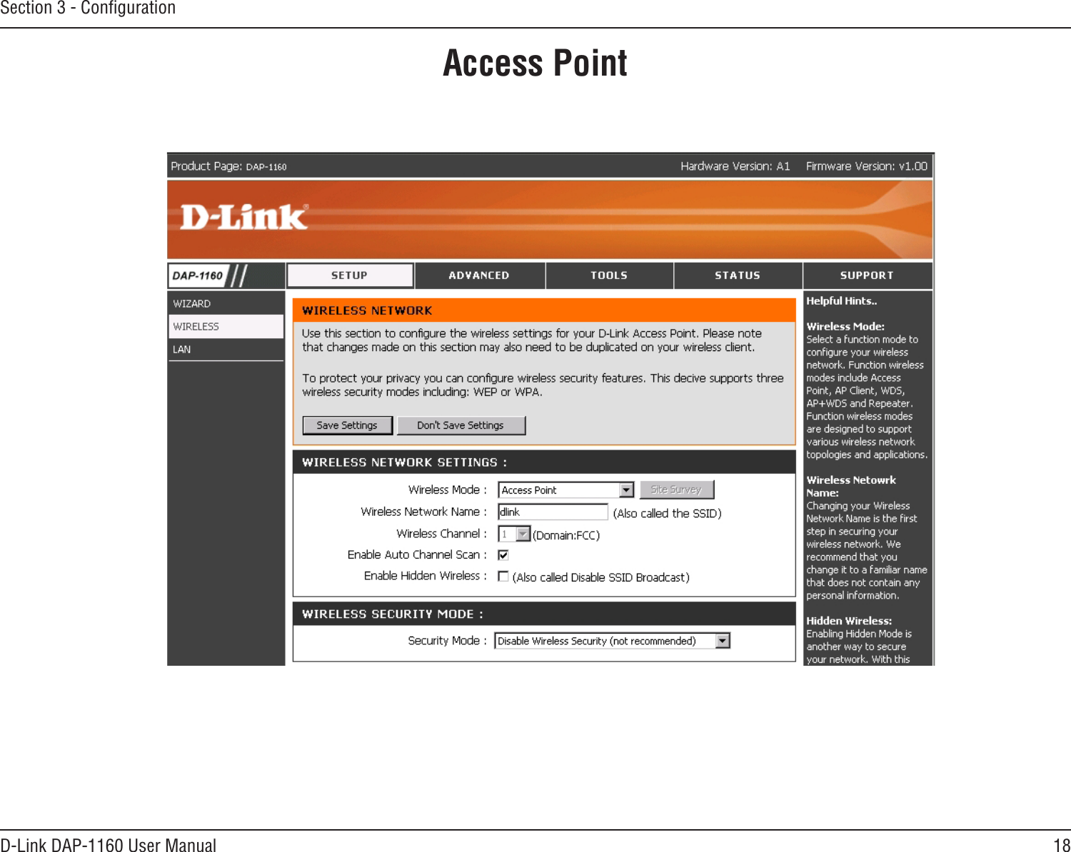 18D-Link DAP-1160 User ManualSection 3 - ConﬁgurationAccess Point