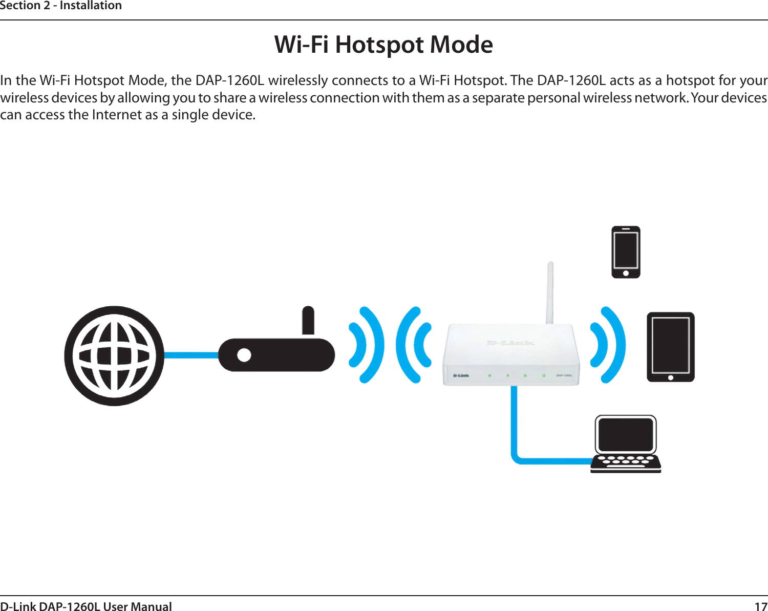 17D-Link DAP-1260L User ManualSection 2 - InstallationWi-Fi Hotspot ModeIn the Wi-Fi Hotspot Mode, the DAP-1260L wirelessly connects to a Wi-Fi Hotspot. The DAP-1260L acts as a hotspot for your wireless devices by allowing you to share a wireless connection with them as a separate personal wireless network. Your devices can access the Internet as a single device. 