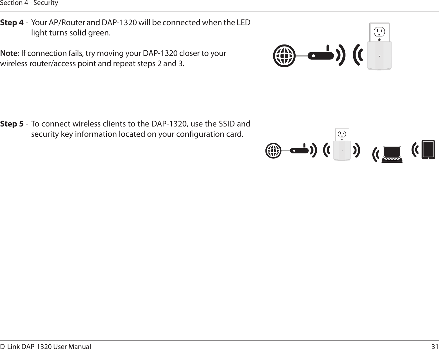 31D-Link DAP-1320 User ManualSection 4 - SecurityStep 5 -  To connect wireless clients to the DAP-1320, use the SSID and security key information located on your conguration card. Step 4 -  Your AP/Router and DAP-1320 will be connected when the LED light turns solid green. Note: If connection fails, try moving your DAP-1320 closer to your wireless router/access point and repeat steps 2 and 3. 
