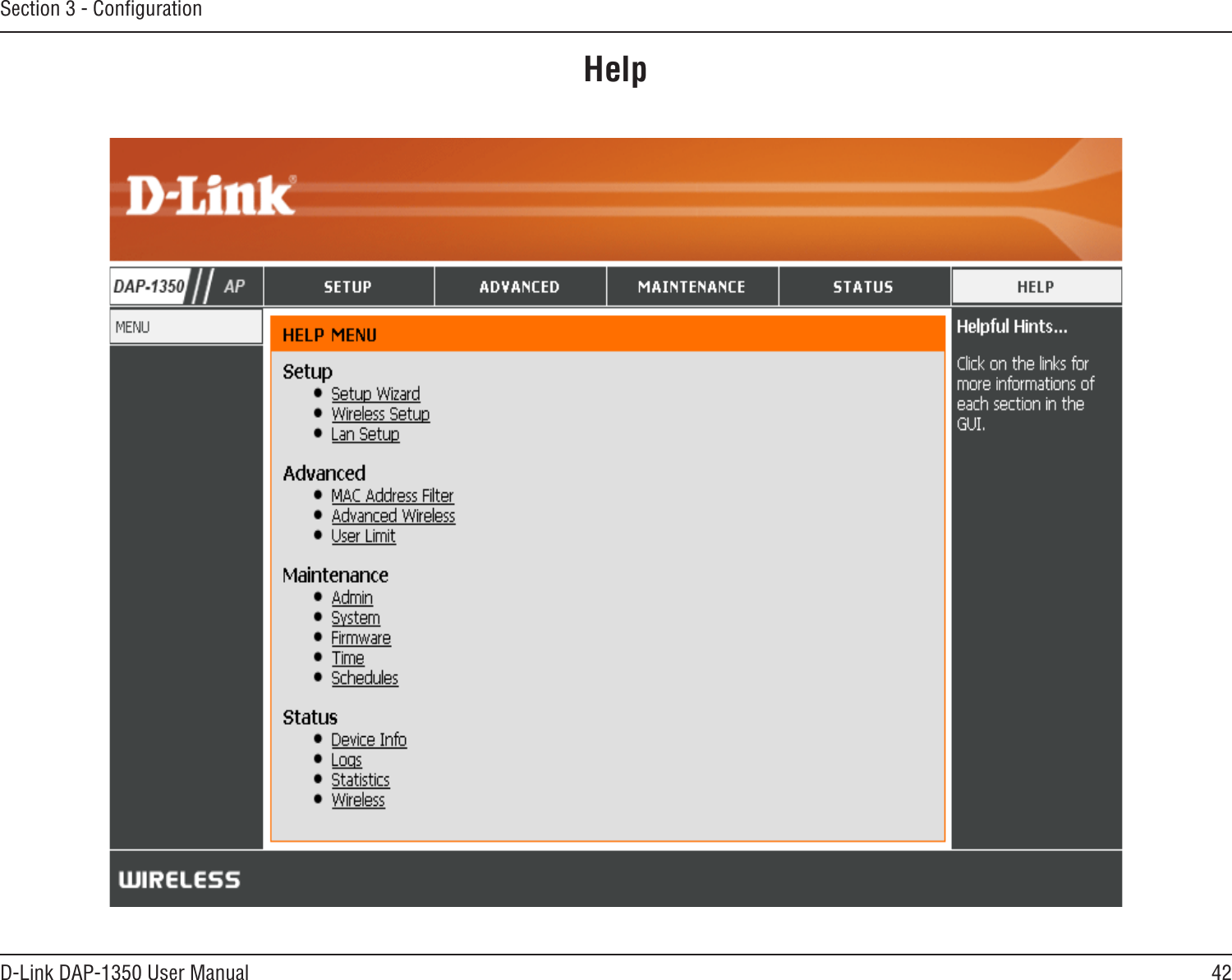 42D-Link DAP-1350 User ManualSection 3 - ConﬁgurationHelp