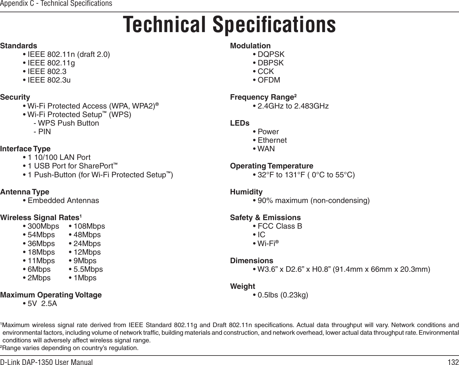 132D-Link DAP-1350 User ManualAppendix C - Technical SpeciﬁcationsTechnical SpeciﬁcationsStandards  • IEEE 802.11n (draft 2.0)  • IEEE 802.11g  • IEEE 802.3  • IEEE 802.3uSecurity  • Wi-Fi Protected Access (WPA, WPA2)®  • Wi-Fi Protected Setup™ (WPS)       - WPS Push Button       - PINInterface Type  • 1 10/100 LAN Port  • 1 USB Port for SharePort™  • 1 Push-Button (for Wi-Fi Protected Setup™)Antenna Type  • Embedded AntennasWireless Signal Rates1  • 300Mbps   • 108Mbps  • 54Mbps  • 48Mbps  • 36Mbps  • 24Mbps  • 18Mbps   • 12Mbps  • 11Mbps   • 9Mbps  • 6Mbps   • 5.5Mbps   • 2Mbps  • 1Mbps   Maximum Operating Voltage  • 5V  2.5AModulation  • DQPSK  • DBPSK  • CCK  • OFDMFrequency Range2  • 2.4GHz to 2.483GHzLEDs  • Power      • Ethernet   • WANOperating Temperature  • 32°F to 131°F ( 0°C to 55°C)Humidity  • 90% maximum (non-condensing)Safety &amp; Emissions  • FCC Class B  • IC  • Wi-Fi®   Dimensions  • W3.6” x D2.6” x H0.8” (91.4mm x 66mm x 20.3mm)Weight  • 0.5lbs (0.23kg)1Maximum wireless signal  rate  derived from IEEE  Standard  802.11g and Draft 802.11n speciﬁcations. Actual data  throughput will vary. Network conditions  and environmental factors, including volume of network trafﬁc, building materials and construction, and network overhead, lower actual data throughput rate. Environmental conditions will adversely affect wireless signal range.2Range varies depending on country’s regulation.