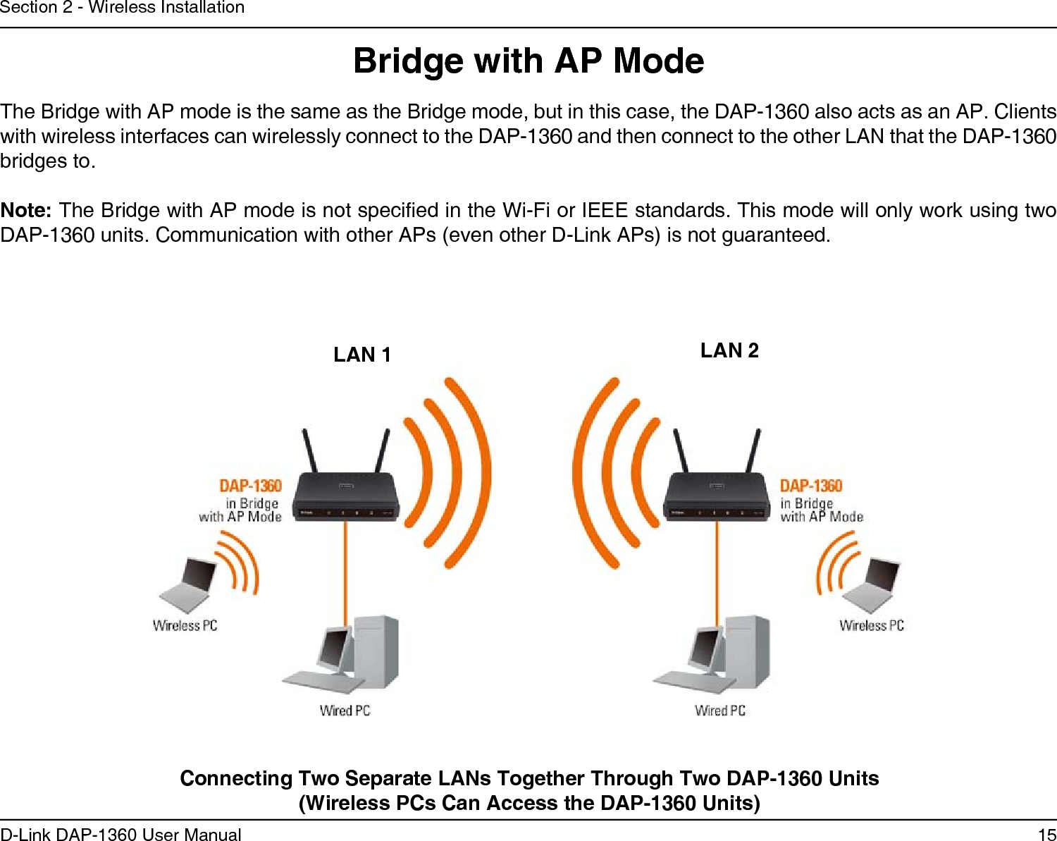 15D-Link DAP-1360 User ManualSection 2 - Wireless InstallationBridge with AP ModeThe Bridge with AP mode is the same as the Bridge mode, but in this case, the DAP-1360 also acts as an AP. Clients with wireless interfaces can wirelessly connect to the DAP-1360 and then connect to the other LAN that the DAP-1360 bridges to. Note: The Bridge with AP mode is not specied in the Wi-Fi or IEEE standards. This mode will only work using two DAP-1360 units. Communication with other APs (even other D-Link APs) is not guaranteed.Connecting Two Separate LANs Together Through Two DAP-1360 Units (Wireless PCs Can Access the DAP-1360 Units)LAN 1 LAN 2