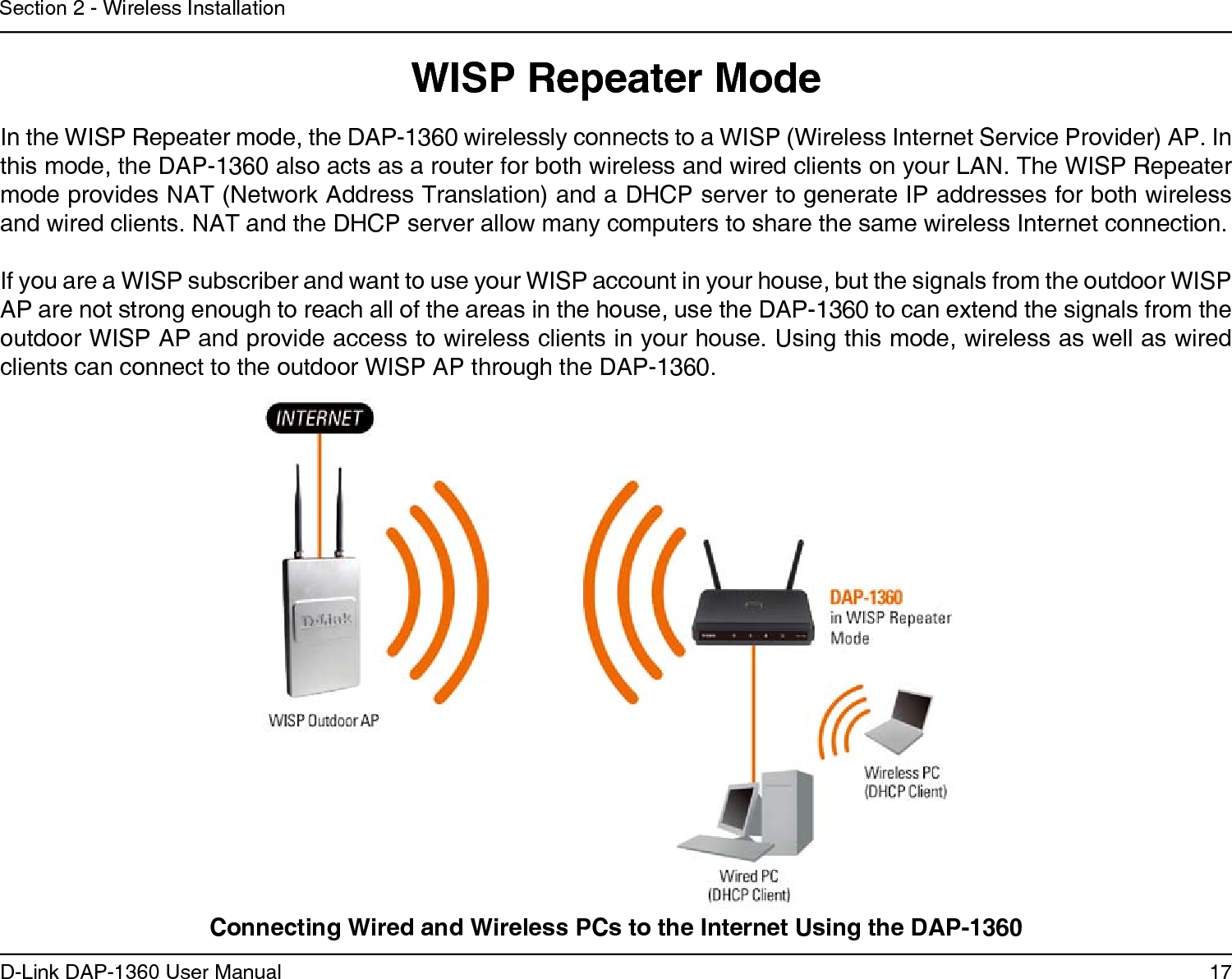 17D-Link DAP-1360 User ManualSection 2 - Wireless InstallationWISP Repeater Mode In the WISP Repeater mode, the DAP-1360 wirelessly connects to a WISP (Wireless Internet Service Provider) AP. In this mode, the DAP-1360 also acts as a router for both wireless and wired clients on your LAN. The WISP Repeater mode provides NAT (Network Address Translation) and a DHCP server to generate IP addresses for both wireless and wired clients. NAT and the DHCP server allow many computers to share the same wireless Internet connection.If you are a WISP subscriber and want to use your WISP account in your house, but the signals from the outdoor WISP AP are not strong enough to reach all of the areas in the house, use the DAP-1360 to can extend the signals from the outdoor WISP AP and provide access to wireless clients in your house. Using this mode, wireless as well as wired clients can connect to the outdoor WISP AP through the DAP-1360.Connecting Wired and Wireless PCs to the Internet Using the DAP-1360