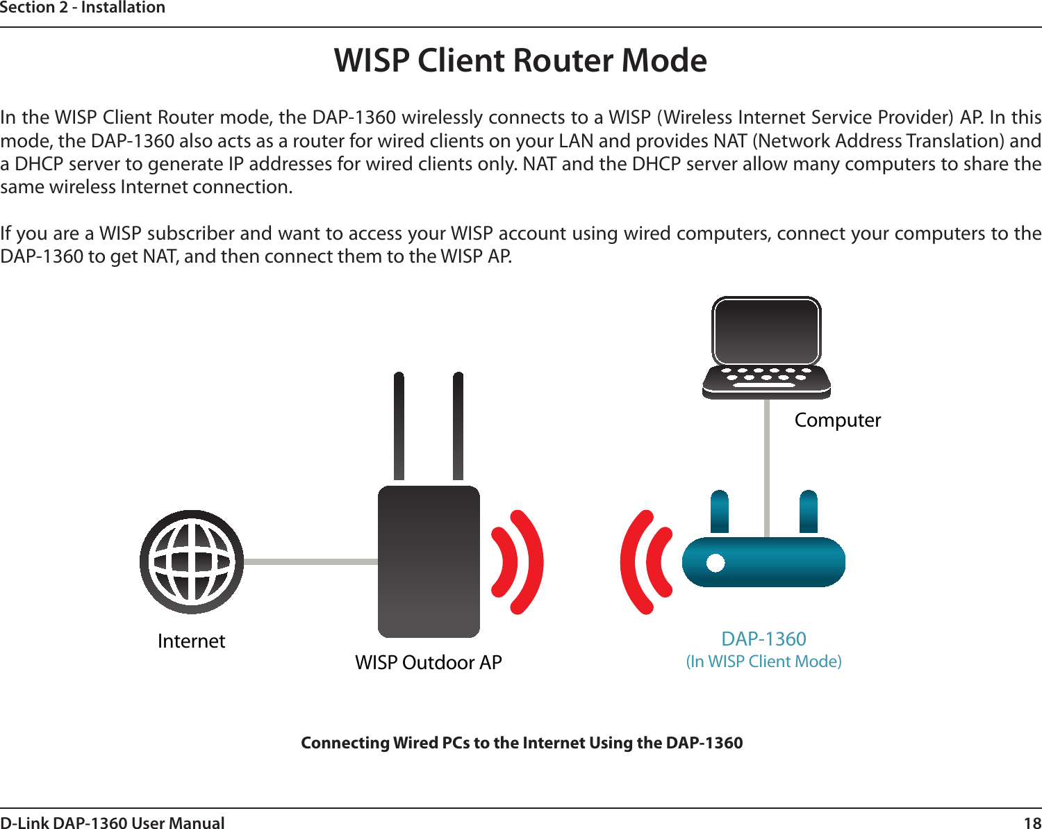 18D-Link DAP-1360 User ManualSection 2 - InstallationWISP Client Router ModeIn the WISP Client Router mode, the DAP-1360 wirelessly connects to a WISP (Wireless Internet Service Provider) AP. In this mode, the DAP-1360 also acts as a router for wired clients on your LAN and provides NAT (Network Address Translation) and a DHCP server to generate IP addresses for wired clients only. NAT and the DHCP server allow many computers to share the same wireless Internet connection.If you are a WISP subscriber and want to access your WISP account using wired computers, connect your computers to the DAP-1360 to get NAT, and then connect them to the WISP AP.InternetComputerDAP-1360(In WISP Client Mode)WISP Outdoor APConnecting Wired PCs to the Internet Using the DAP-1360