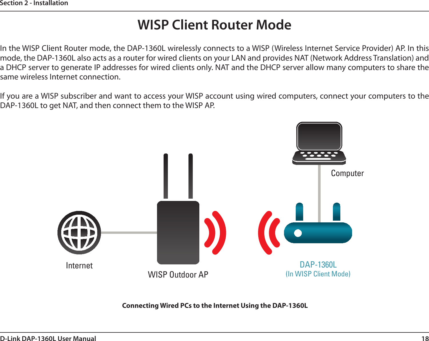 18D-Link DAP-1360L User ManualSection 2 - InstallationWISP Client Router ModeIn the WISP Client Router mode, the DAP-1360L wirelessly connects to a WISP (Wireless Internet Service Provider) AP. In this mode, the DAP-1360L also acts as a router for wired clients on your LAN and provides NAT (Network Address Translation) and a DHCP server to generate IP addresses for wired clients only. NAT and the DHCP server allow many computers to share the same wireless Internet connection.If you are a WISP subscriber and want to access your WISP account using wired computers, connect your computers to the DAP-1360L to get NAT, and then connect them to the WISP AP.InternetComputerDAP-1360L(In WISP Client Mode)WISP Outdoor APConnecting Wired PCs to the Internet Using the DAP-1360L