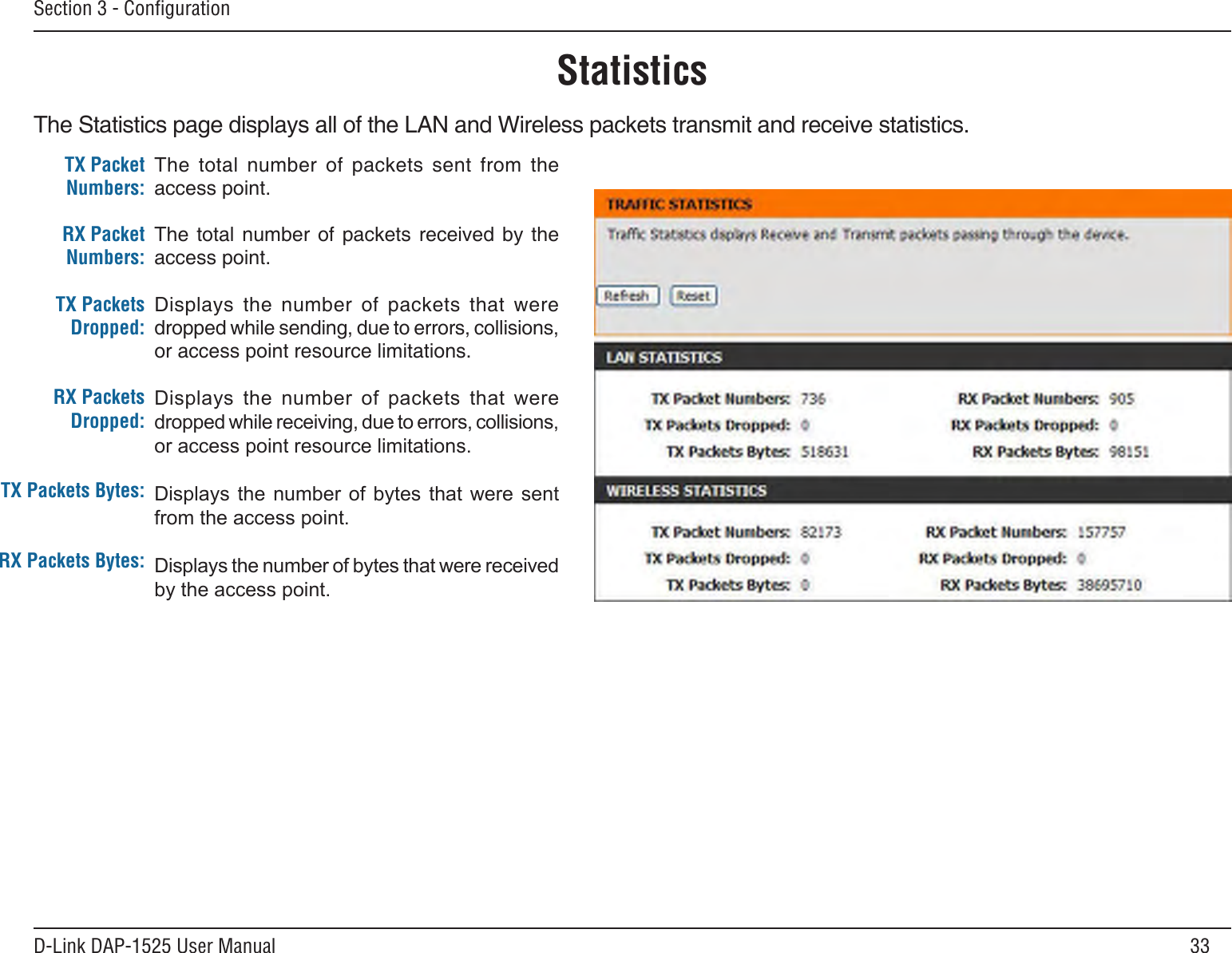 33D-Link DAP-1525 User ManualSection 3 - ConﬁgurationStatisticsThe Statistics page displays all of the LAN and Wireless packets transmit and receive statistics.TX Packet Numbers:RX Packet Numbers:TX Packets Dropped:RX Packets Dropped:TX Packets Bytes:RX Packets Bytes:The  total  number  of  packets  sent  from  the access point.The total  number  of  packets  received  by  the access point.Displays  the  number  of  packets  that  were dropped while sending, due to errors, collisions, or access point resource limitations.Displays the number of packets that weredroppedwhilereceiving,duetoerrors,collisions,oraccesspointresourcelimitations.Displays the number of bytes that were sentfromtheaccesspoint.Displaysthenumberofbytesthatwerereceivedbytheaccesspoint.