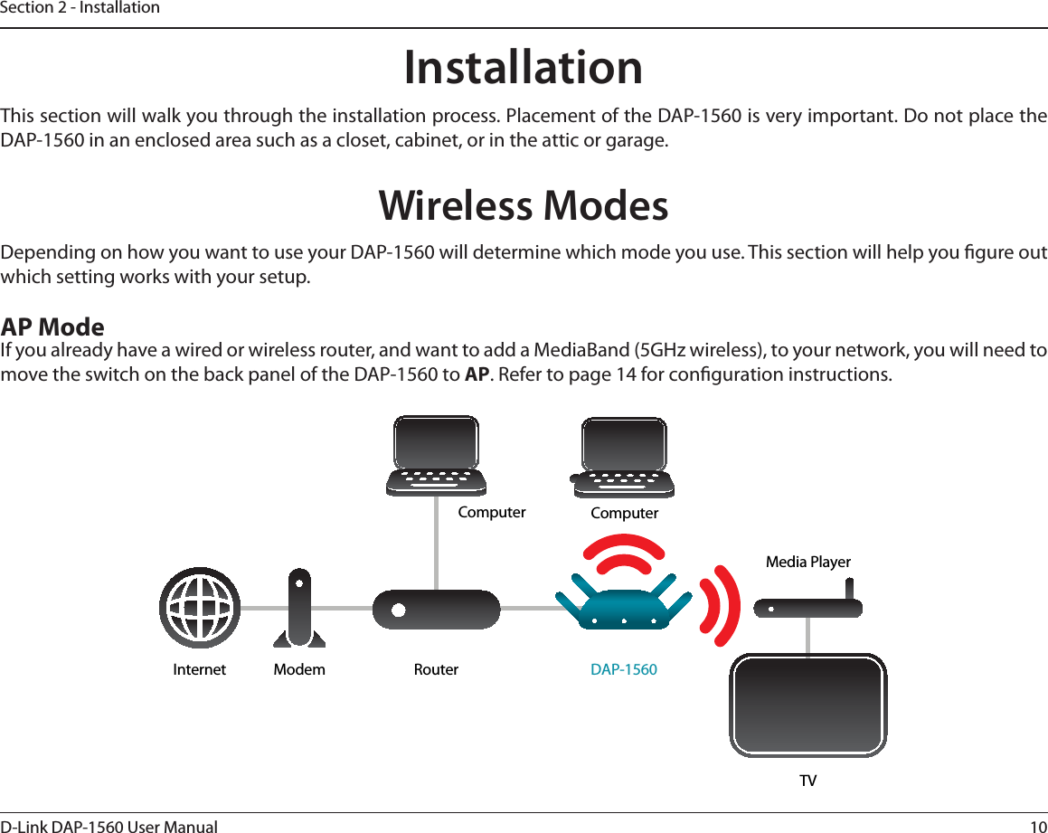 10D-Link DAP-1560 User ManualSection 2 - InstallationDepending on how you want to use your DAP-1560 will determine which mode you use. This section will help you gure out which setting works with your setup.*GZPVBMSFBEZIBWFBXJSFEPSXJSFMFTTSPVUFSBOEXBOUUPBEEB.FEJB#BOE()[XJSFMFTTUPZPVSOFUXPSLZPVXJMMOFFEUPmove the switch on the back panel of the DAP-1560 to AP. Refer to page 14 for conguration instructions.Wireless ModesComputerInternet Modem Router DAP-1560ComputerTVMedia PlayerAP ModeInstallationThis section will walk you through the installation process. Placement of the DAP-1560 is very important. Do not place the %&quot;1JOBOFODMPTFEBSFBTVDIBTBDMPTFUDBCJOFUPSJOUIFBUUJDPSHBSBHF