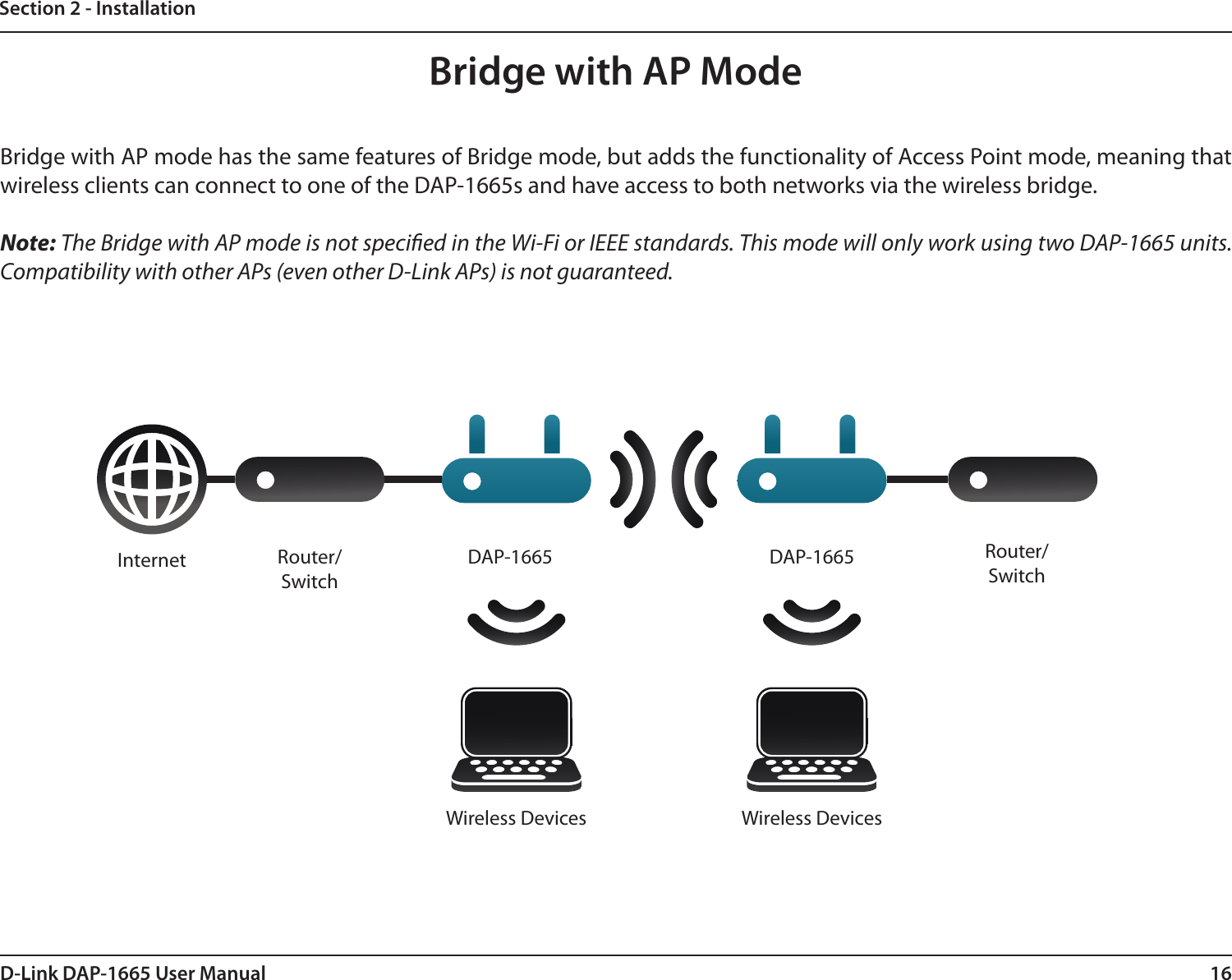 16D-Link DAP-1665 User ManualSection 2 - InstallationBridge with AP ModeBridge with AP mode has the same features of Bridge mode, but adds the functionality of Access Point mode, meaning that wireless clients can connect to one of the DAP-1665s and have access to both networks via the wireless bridge.Note: The Bridge with AP mode is not specied in the Wi-Fi or IEEE standards. This mode will only work using two DAP-1665 units. Compatibility with other APs (even other D-Link APs) is not guaranteed.Internet DAP-1665 DAP-1665 Router/SwitchRouter/SwitchWireless Devices Wireless Devices