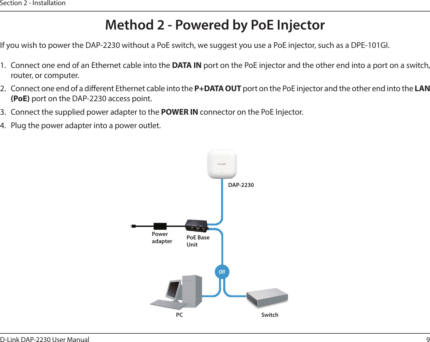 9D-Link DAP-2230 User ManualSection 2 - InstallationMethod 2 - Powered by PoE InjectorIf you wish to power the DAP-2230 without a PoE switch, we suggest you use a PoE injector, such as a DPE-101GI. 1.  Connect one end of an Ethernet cable into the DATA IN port on the PoE injector and the other end into a port on a switch, router, or computer. 2.  Connect one end of a dierent Ethernet cable into the P+DATA OUT port on the PoE injector and the other end into the LAN (PoE) port on the DAP-2230 access point. 3.  Connect the supplied power adapter to the POWER IN connector on the PoE Injector.4.  Plug the power adapter into a power outlet.DAP-2230PC SwitchPower adapter PoE BaseUnit