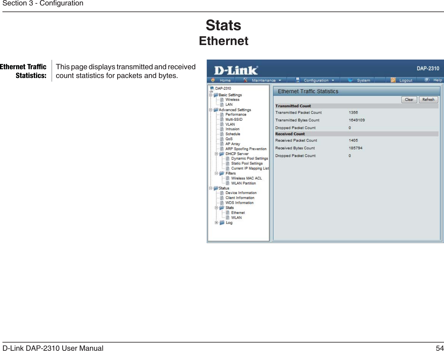 54D-Link DAP-2310 User ManualStatsEthernetThis page displays transmitted and received count statistics for packets and bytes.Ethernet Trafﬁc Statistics: