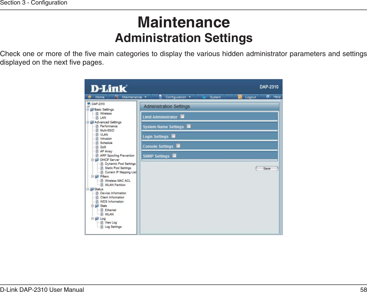 58D-Link DAP-2310 User ManualMaintenance Administration Settings