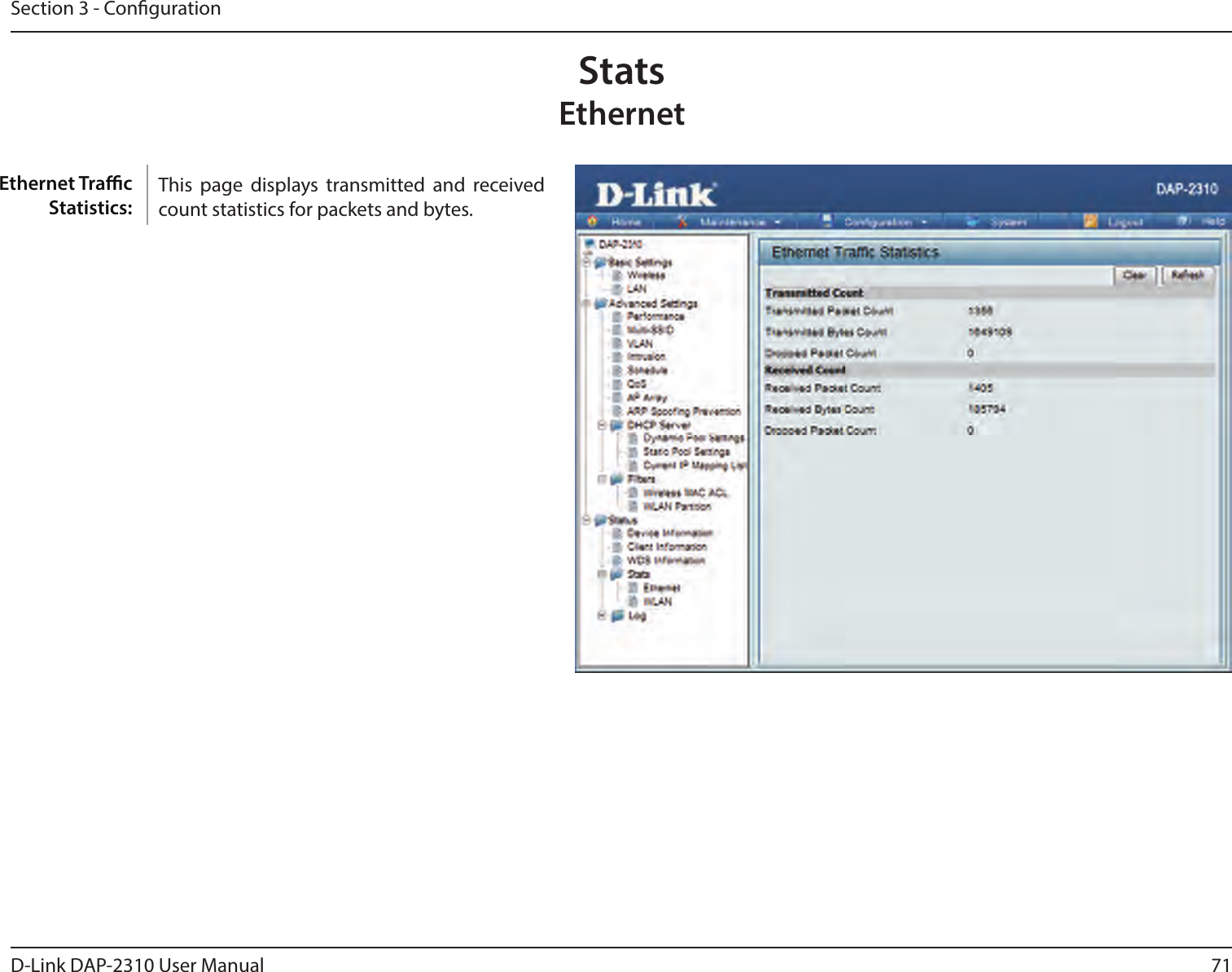 71D-Link DAP-2310 User ManualSection 3 - CongurationStatsEthernetThis  page  displays  transmitted  and  received count statistics for packets and bytes.Ethernet Trac Statistics: