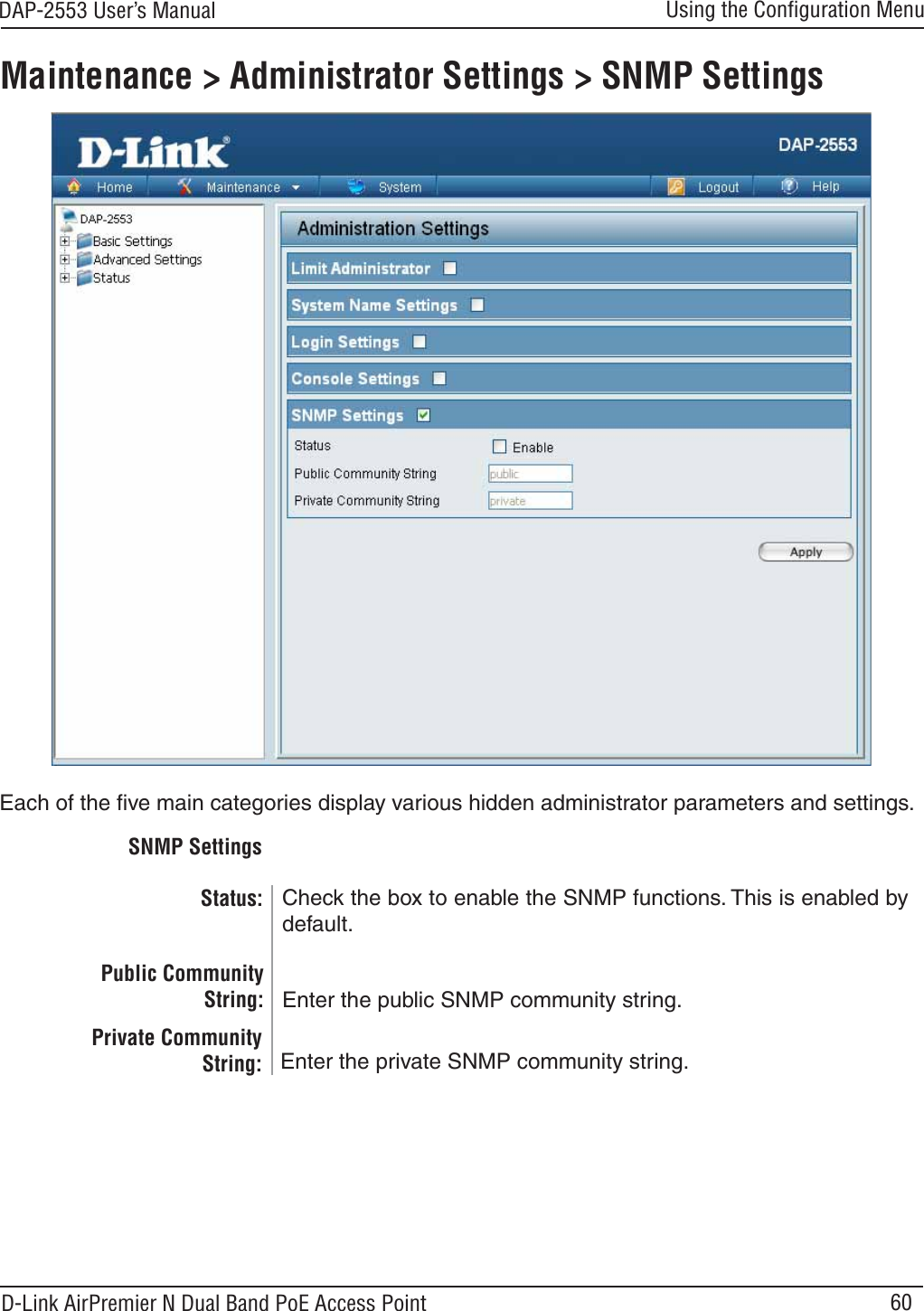60DAP-2553 User’s ManualD-Link AirPremier N Dual Band PoE Access PointSNMP SettingsPublic Community String: Enter the public SNMP community string.Status: Check the box to enable the SNMP functions. This is enabled bydefault.Private Community String: Enter the private SNMP community string.Conﬁrm New Password:Conﬁrm by re-entering your new password here.Maintenance &gt; Administrator Settings &gt; SNMP SettingsEach of the ﬁve main categories display various hidden administrator parameters and settings.Using the Conﬁguration Menu