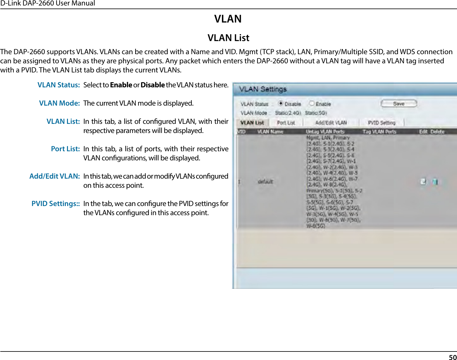 D-Link DAP-2660 User Manual50VLANThe DAP-2660 supports VLANs. VLANs can be created with a Name and VID. Mgmt (TCP stack), LAN, Primary/Multiple SSID, and WDS connection can be assigned to VLANs as they are physical ports. Any packet which enters the DAP-2660 without a VLAN tag will have a VLAN tag inserted with a PVID. The VLAN List tab displays the current VLANs.VLAN Status:VLAN Mode:VLAN List:Port List:Add/Edit VLAN:PVID Settings::Select to Enable or Disable the VLAN status here.The current VLAN mode is displayed.In this tab, a list of congured VLAN, with their respective parameters will be displayed.In this tab, a list of ports, with their respective VLAN congurations, will be displayed.In this tab, we can add or modify VLANs congured on this access point.In the tab, we can congure the PVID settings for the VLANs congured in this access point.VLAN List