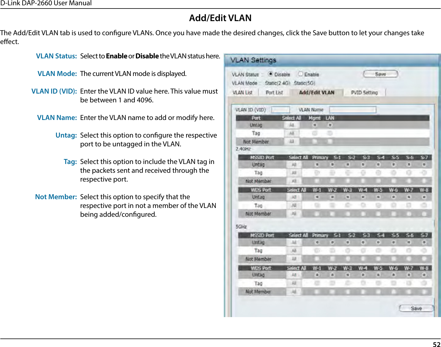 D-Link DAP-2660 User Manual52The Add/Edit VLAN tab is used to congure VLANs. Once you have made the desired changes, click the Save button to let your changes take eect.VLAN Status:VLAN Mode:VLAN ID (VID):VLAN Name:Untag:Tag:Not Member:Select to Enable or Disable the VLAN status here.The current VLAN mode is displayed.Enter the VLAN ID value here. This value must be between 1 and 4096.Enter the VLAN name to add or modify here.Select this option to congure the respective port to be untagged in the VLAN.Select this option to include the VLAN tag in the packets sent and received through the respective port.Select this option to specify that the respective port in not a member of the VLAN being added/congured.Add/Edit VLAN