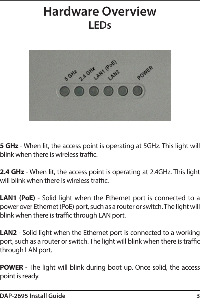 DAP-2695 Install Guide 3Hardware OverviewLEDs5 GHz - When lit, the access point is operating at 5GHz. This light will blink when there is wireless trac.2.4 GHz - When lit, the access point is operating at 2.4GHz. This light will blink when there is wireless trac.LAN1 (PoE) - Solid light when the Ethernet port is connected to a power over Ethernet (PoE) port, such as a router or switch. The light will blink when there is trac through LAN port.LAN2 - Solid light when the Ethernet port is connected to a working port, such as a router or switch. The light will blink when there is trac through LAN port.POWER - The light will blink during boot up. Once solid, the access point is ready.