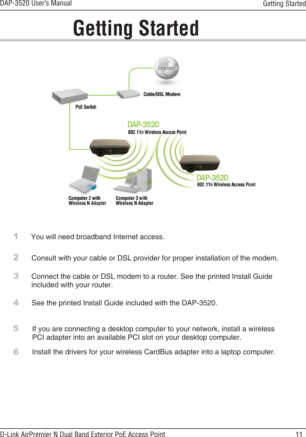 11DAP-3520 User’s ManualD-Link AirPremier N Dual Band Exterior PoE Access PointGetting StartedConsult with your cable or DSL provider for proper installation of the modem.Connect the cable or DSL modem to a router. See the printed Install Guide included with your router.If you are connecting a desktop computer to your network, install a wireless PCI adapter into an available PCI slot on your desktop computer.Install the drivers for your wireless CardBus adapter into a laptop computer.See the printed Install Guide included with the DAP-3520.23456You will need broadband Internet access.1Getting Started