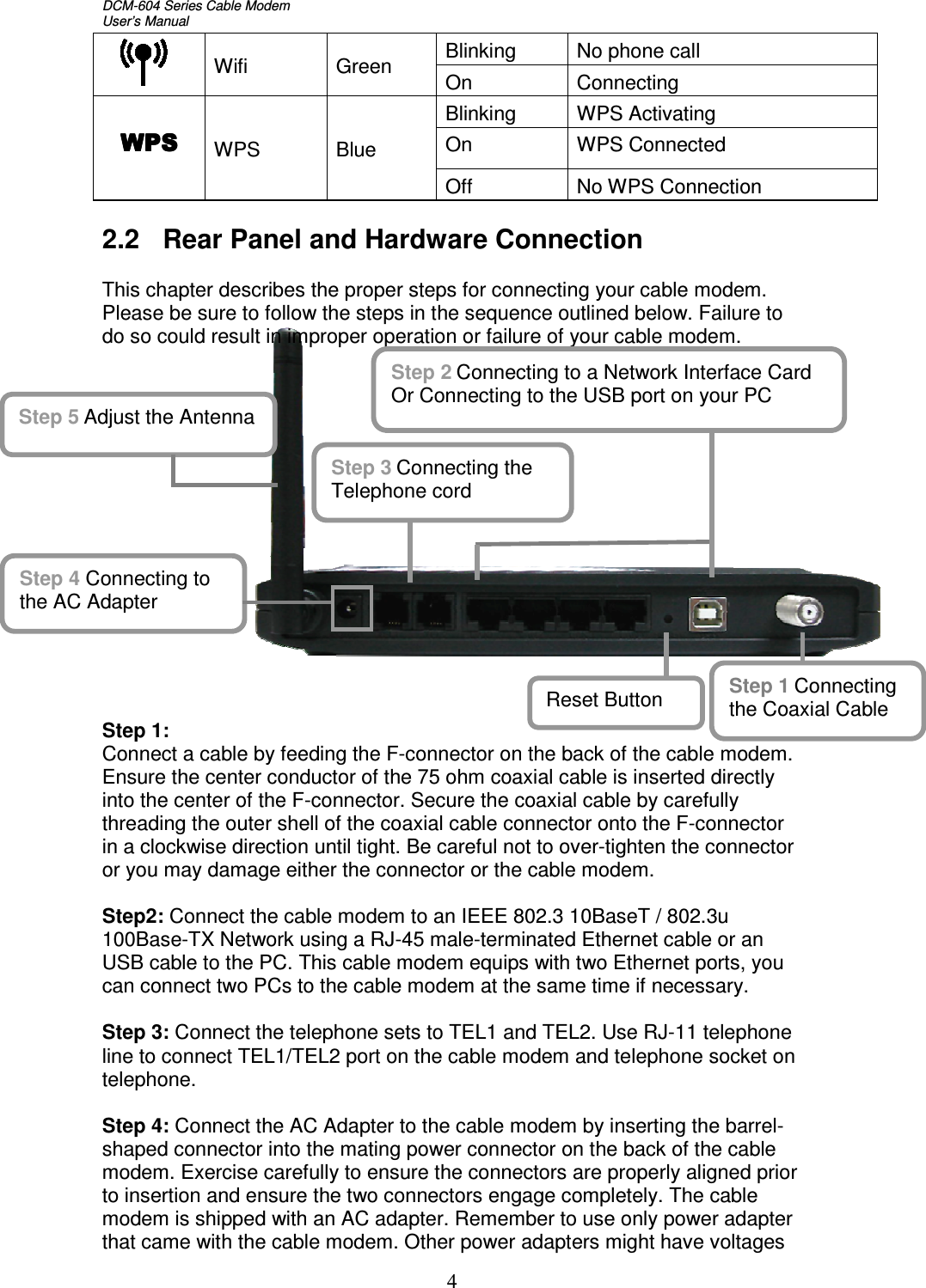 DCM-604 Series Cable Modem  User’s Manual 4   Wifi  Green  Blinking  No phone call On   Connecting    WPSWPSWPSWPS     WPS  Blue Blinking  WPS Activating    On  WPS Connected         Off  No WPS Connection     2.2  Rear Panel and Hardware Connection  This chapter describes the proper steps for connecting your cable modem. Please be sure to follow the steps in the sequence outlined below. Failure to do so could result in improper operation or failure of your cable modem.                 Step 1: Connect a cable by feeding the F-connector on the back of the cable modem. Ensure the center conductor of the 75 ohm coaxial cable is inserted directly into the center of the F-connector. Secure the coaxial cable by carefully threading the outer shell of the coaxial cable connector onto the F-connector in a clockwise direction until tight. Be careful not to over-tighten the connector or you may damage either the connector or the cable modem.  Step2: Connect the cable modem to an IEEE 802.3 10BaseT / 802.3u 100Base-TX Network using a RJ-45 male-terminated Ethernet cable or an USB cable to the PC. This cable modem equips with two Ethernet ports, you can connect two PCs to the cable modem at the same time if necessary.  Step 3: Connect the telephone sets to TEL1 and TEL2. Use RJ-11 telephone line to connect TEL1/TEL2 port on the cable modem and telephone socket on telephone.  Step 4: Connect the AC Adapter to the cable modem by inserting the barrel-shaped connector into the mating power connector on the back of the cable modem. Exercise carefully to ensure the connectors are properly aligned prior to insertion and ensure the two connectors engage completely. The cable modem is shipped with an AC adapter. Remember to use only power adapter that came with the cable modem. Other power adapters might have voltages Step 1 Connecting the Coaxial Cable Step 3 Connecting the Telephone cord Step 5 Adjust the Antenna Step 4 Connecting to the AC Adapter Step 2 Connecting to a Network Interface Card Or Connecting to the USB port on your PC Reset Button 