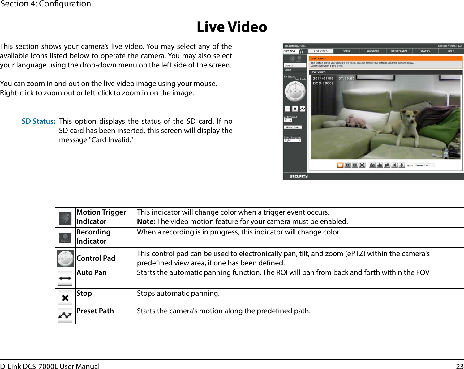 23D-Link DCS-7000L User ManualSection 4: CongurationLive VideoThis section shows your camera’s live video. You may select any of the available icons listed below to operate the camera. You may also select your language using the drop-down menu on the left side of the screen.You can zoom in and out on the live video image using your mouse. Right-click to zoom out or left-click to zoom in on the image.Motion Trigger IndicatorThis indicator will change color when a trigger event occurs.Note: The video motion feature for your camera must be enabled.Recording IndicatorWhen a recording is in progress, this indicator will change color.Control Pad This control pad can be used to electronically pan, tilt, and zoom (ePTZ) within the camera&apos;s predened view area, if one has been dened.Auto Pan Starts the automatic panning function. The ROI will pan from back and forth within the FOVStop Stops automatic panning.Preset Path Starts the camera&apos;s motion along the predened path.This option displays the status of the SD card. If no SD card has been inserted, this screen will display the message &quot;Card Invalid.&quot;SD Status: