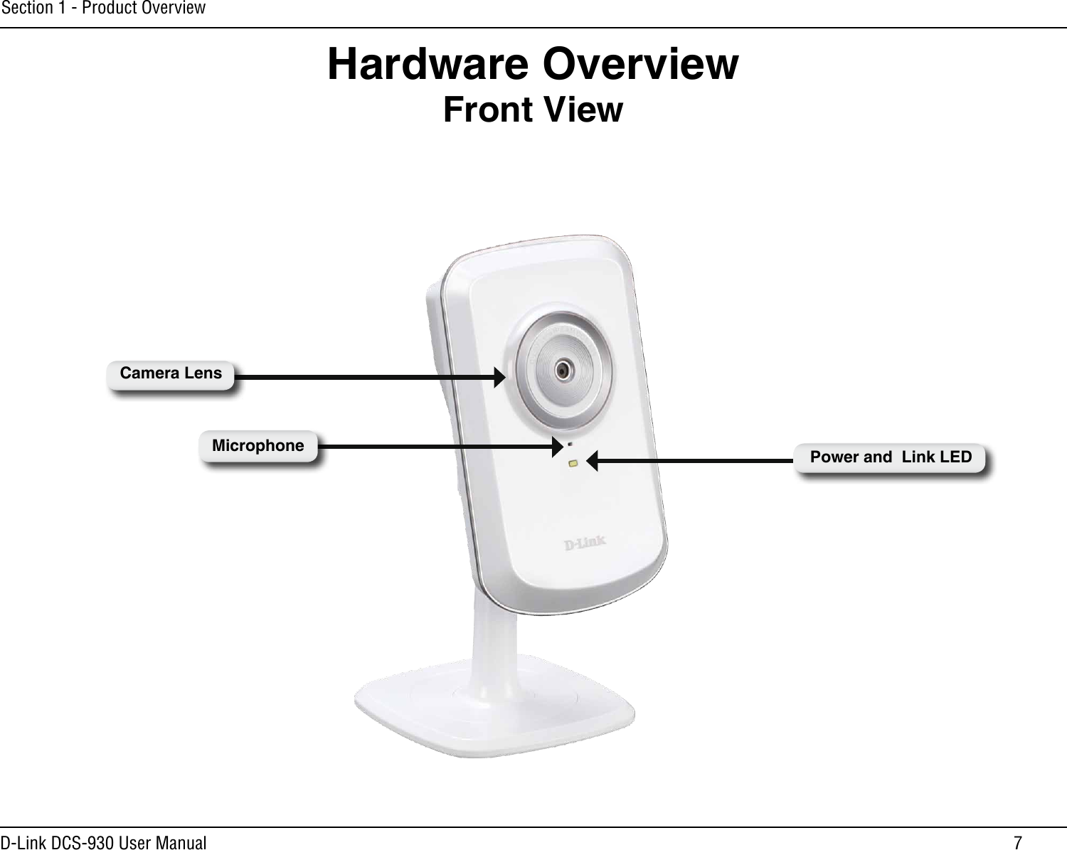 7D-Link DCS-930 User ManualSection 1 - Product OverviewHardware OverviewFront ViewPower and  Link LEDCamera LensMicrophone