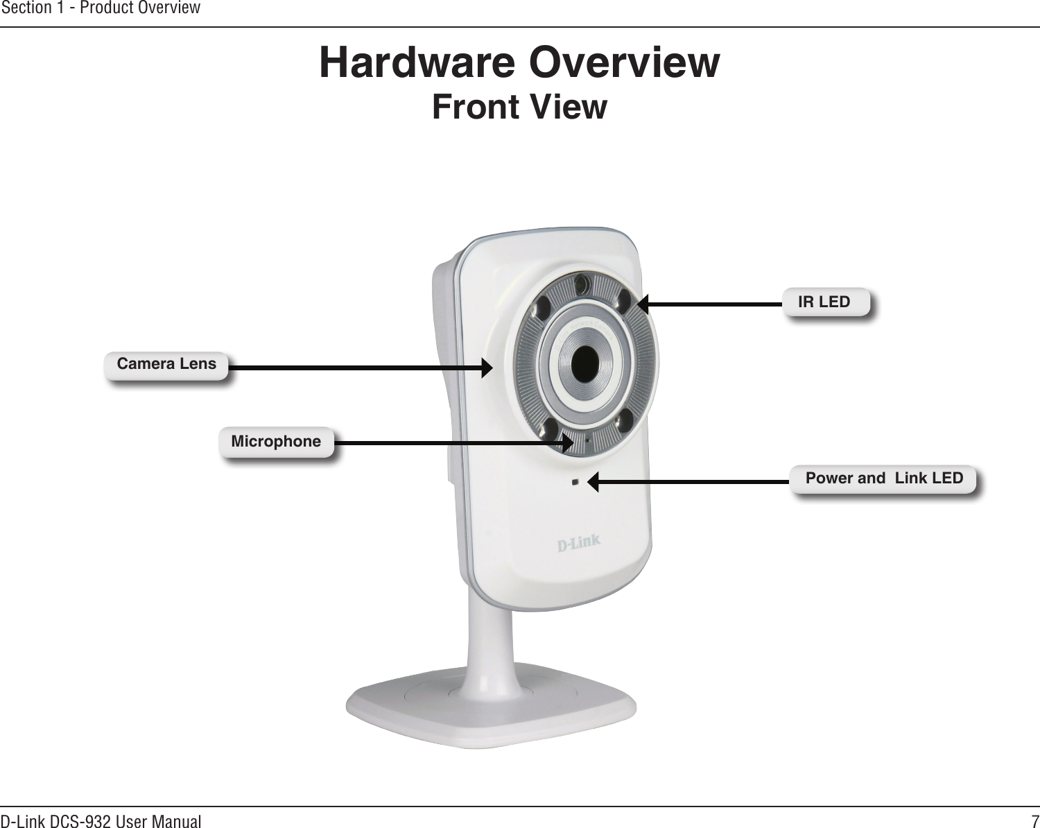 7D-Link DCS-932 User ManualSection 1 - Product OverviewHardware OverviewFront ViewPower and  Link LEDIR LEDCamera LensMicrophone