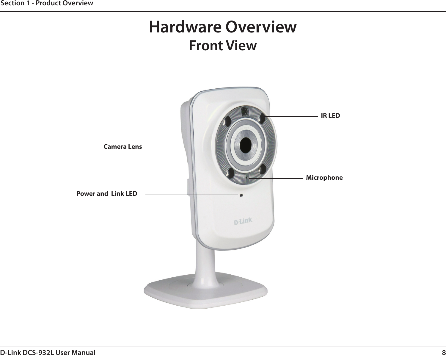 8D-Link DCS-932L User ManualSection 1 - Product OverviewHardware OverviewFront ViewPower and  Link LEDCamera LensMicrophoneIR LED