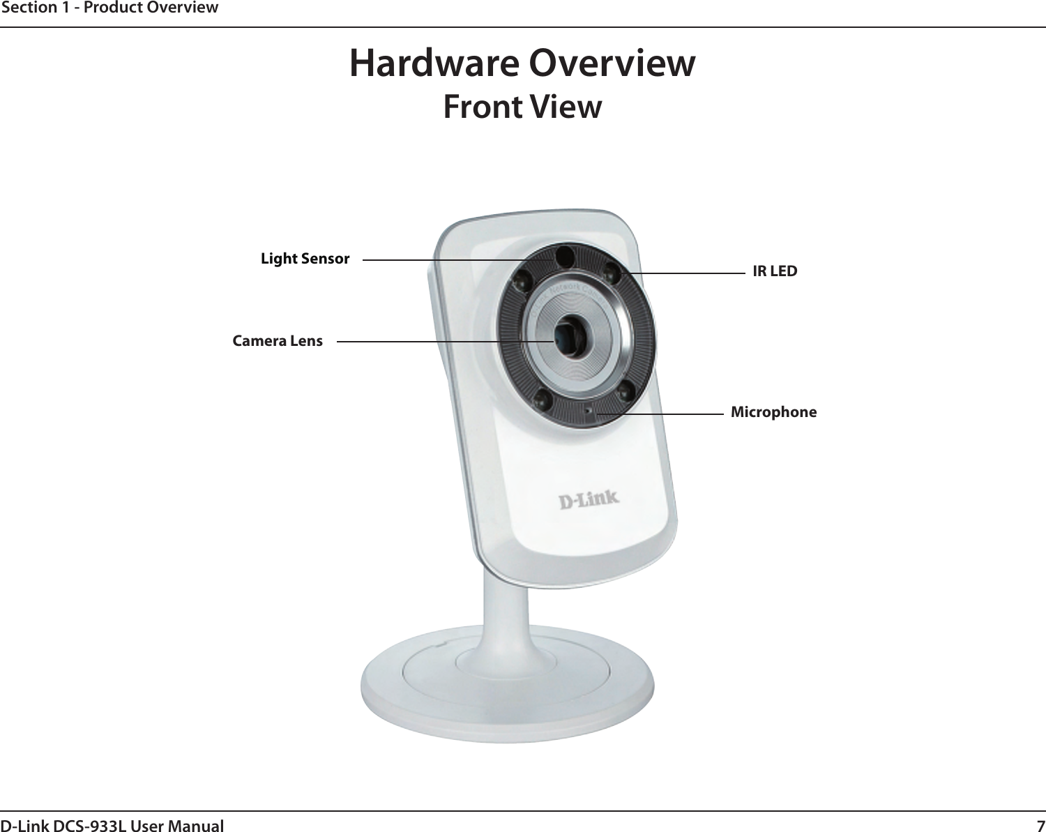 7D-Link DCS-933L User ManualSection 1 - Product OverviewHardware OverviewFront ViewCamera LensMicrophoneIR LEDLight Sensor