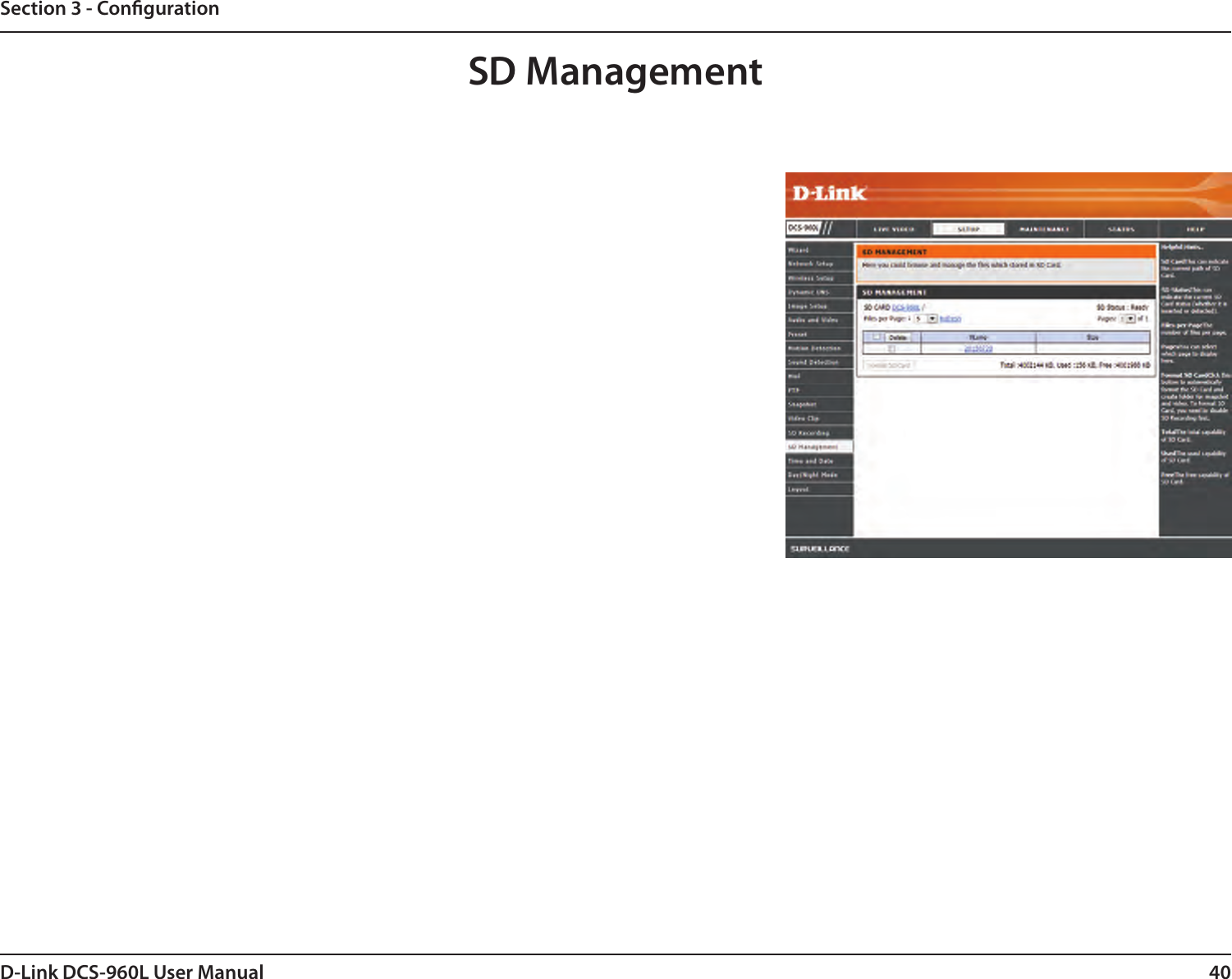40D-Link DCS-960L User ManualSection 3 - CongurationSD Management