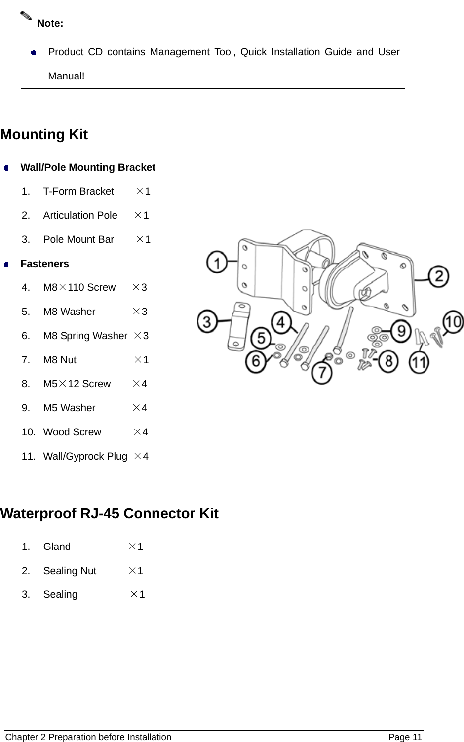  Chapter 2 Preparation before Installation  Page 11   Product CD contains Management Tool, Quick Installation Guide and User Manual!  Mounting Kit  Wall/Pole Mounting Bracket 1.  T-Form Bracket    ×1 2.  Articulation Pole   ×1 3.  Pole Mount Bar    ×1  Fasteners 4. M8×110 Screw   ×3 5.  M8 Washer       ×3 6. M8 Spring Washer ×3 7.  M8 Nut           ×1 8. M5×12 Screw    ×4 9.  M5 Washer       ×4 10.  Wood Screw      ×4 11. Wall/Gyprock Plug ×4  Waterproof RJ-45 Connector Kit 1.  Gland           ×1 2.  Sealing Nut      ×1 3.  Sealing          ×1 Note: 