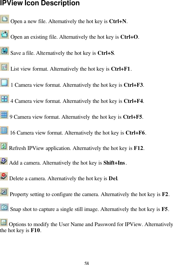  58 IPView Icon Description   Open a new file. Alternatively the hot key is Ctrl+N.   Open an existing file. Alternatively the hot key is Ctrl+O.   Save a file. Alternatively the hot key is Ctrl+S.   List view format. Alternatively the hot key is Ctrl+F1.   1 Camera view format. Alternatively the hot key is Ctrl+F3.   4 Camera view format. Alternatively the hot key is Ctrl+F4.   9 Camera view format. Alternatively the hot key is Ctrl+F5.   16 Camera view format. Alternatively the hot key is Ctrl+F6.   Refresh IPView application. Alternatively the hot key is F12.   Add a camera. Alternatively the hot key is Shift+Ins.   Delete a camera. Alternatively the hot key is Del.   Property setting to configure the camera. Alternatively the hot key is F2.   Snap shot to capture a single still image. Alternatively the hot key is F5.   Options to modify the User Name and Password for IPView. Alternatively the hot key is F10. 