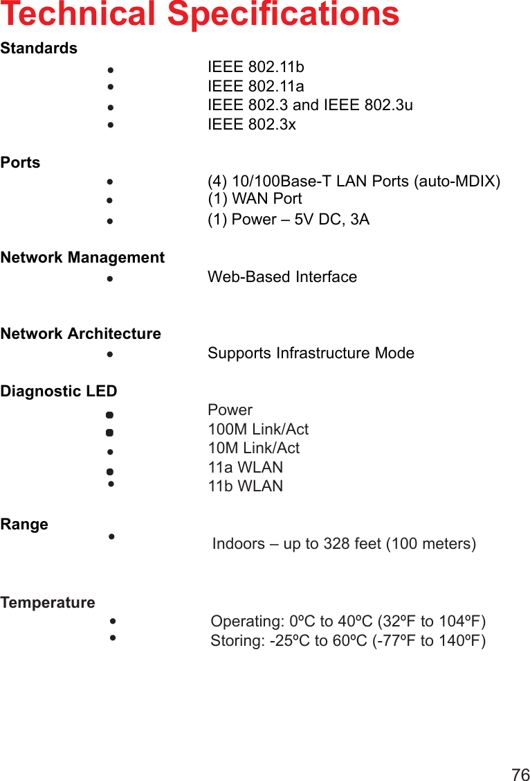 76StandardsIEEE 802.11bIEEE 802.11aIEEE 802.3 and IEEE 802.3uIEEE 802.3xPorts(4) 10/100Base-T LAN Ports (auto-MDIX)(1) Power – 5V DC, 3ANetwork ManagementWeb-Based InterfaceNetwork ArchitectureSupports Infrastructure ModeDiagnostic LEDPower100M Link/Act10M Link/Act11a WLAN11b WLANRange Indoors – up to 328 feet (100 meters)Temperature            Operating: 0ºC to 40ºC (32ºF to 104ºF)            Storing: -25ºC to 60ºC (-77ºF to 140ºF)Technical Specifications••••••••••••...............•(1) WAN Port•