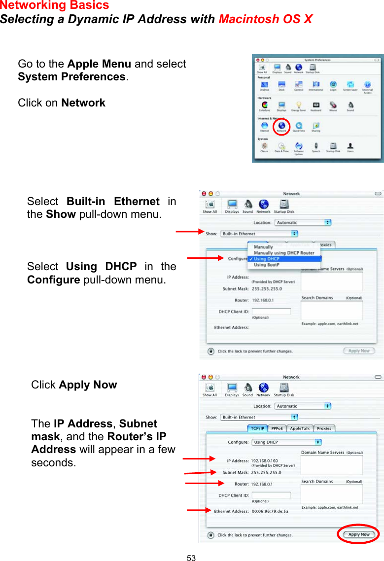  53Networking Basics Selecting a Dynamic IP Address with Macintosh OS X         Go to the Apple Menu and select System Preferences.  Click on Network Select  Built-in Ethernet in the Show pull-down menu.    Select  Using DHCP in the Configure pull-down menu. Click Apply Now   The IP Address, Subnet mask, and the Router’s IP Address will appear in a few seconds.      