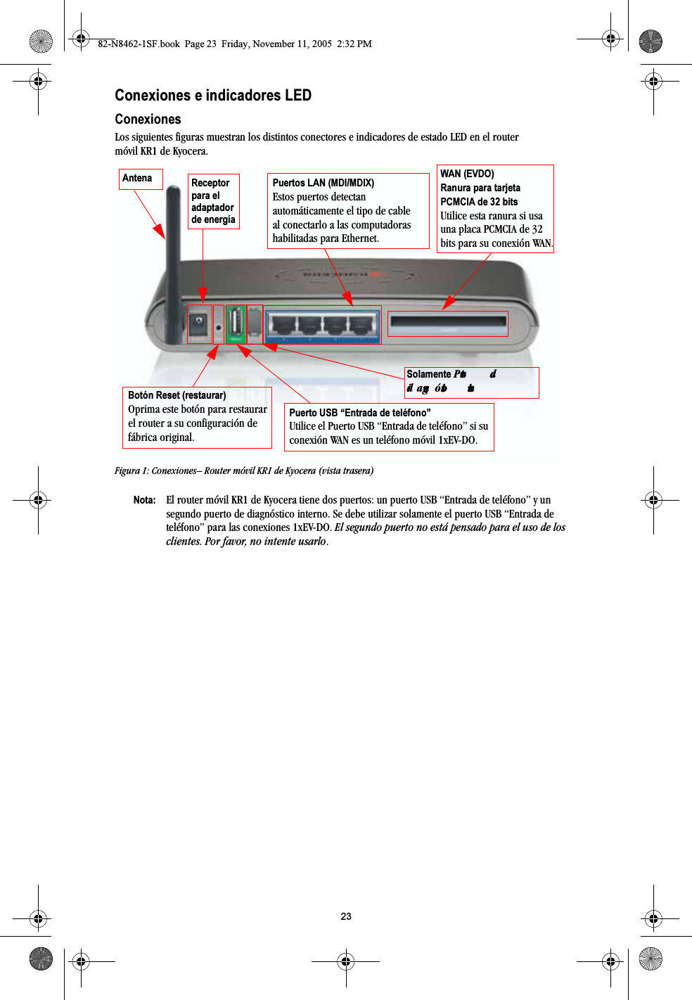 23Conexiones e indicadores LEDConexionesLos siguientes figuras muestran los distintos conectores e indicadores de estado LED en el router móvil KR1 de Kyocera.Figura 1: Conexiones– Router móvil KR1 de Kyocera (vista trasera)Nota: El router móvil KR1 de Kyocera tiene dos puertos: un puerto USB “Entrada de teléfono” y un segundo puerto de diagnóstico interno. Se debe utilizar solamente el puerto USB “Entrada de teléfono” para las conexiones 1xEV-DO. El segundo puerto no está pensado para el uso de los clientes. Por favor, no intente usarlo.Puertos LAN (MDI/MDIX)Estos puertos detectan automáticamente el tipo de cable al conectarlo a las computadoras habilitadas para Ethernet.Receptor para el adaptador de energíaBotón Reset (restaurar)Oprima este botón para restaurar el router a su configuración de fábrica original.Puerto USB “Entrada de teléfono”Utilice el Puerto USB “Entrada de teléfono” si su conexión WAN es un teléfono móvil 1xEV-DO.Antena WAN (EVDO) Ranura para tarjeta PCMCIA de 32 bitsUtilice esta ranura si usa una placa PCMCIA de 32 bits para su conexión WAN.Solamente=mìÉêíç=ÇÉ=Çá~ÖåµëíáÅç=áåíÉêåç82-N8462-1SF.book  Page 23  Friday, November 11, 2005  2:32 PM