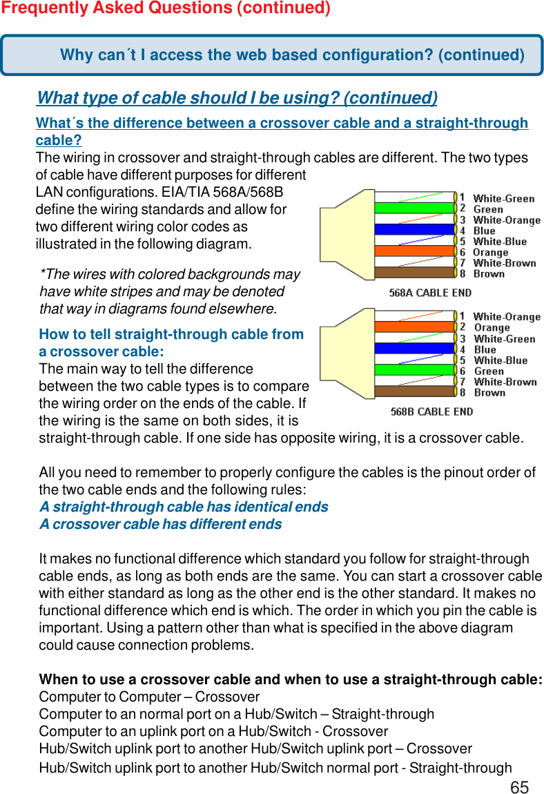 65Frequently Asked Questions (continued)What type of cable should I be using? (continued)What´s the difference between a crossover cable and a straight-throughcable?The wiring in crossover and straight-through cables are different. The two typesof cable have different purposes for differentLAN configurations. EIA/TIA 568A/568Bdefine the wiring standards and allow fortwo different wiring color codes asillustrated in the following diagram.*The wires with colored backgrounds mayhave white stripes and may be denotedthat way in diagrams found elsewhere.How to tell straight-through cable froma crossover cable:The main way to tell the differencebetween the two cable types is to comparethe wiring order on the ends of the cable. Ifthe wiring is the same on both sides, it isstraight-through cable. If one side has opposite wiring, it is a crossover cable.All you need to remember to properly configure the cables is the pinout order ofthe two cable ends and the following rules:A straight-through cable has identical endsA crossover cable has different endsIt makes no functional difference which standard you follow for straight-throughcable ends, as long as both ends are the same. You can start a crossover cablewith either standard as long as the other end is the other standard. It makes nofunctional difference which end is which. The order in which you pin the cable isimportant. Using a pattern other than what is specified in the above diagramcould cause connection problems.When to use a crossover cable and when to use a straight-through cable:Computer to Computer – CrossoverComputer to an normal port on a Hub/Switch – Straight-throughComputer to an uplink port on a Hub/Switch - CrossoverHub/Switch uplink port to another Hub/Switch uplink port – CrossoverHub/Switch uplink port to another Hub/Switch normal port - Straight-throughWhy can´t I access the web based configuration? (continued)