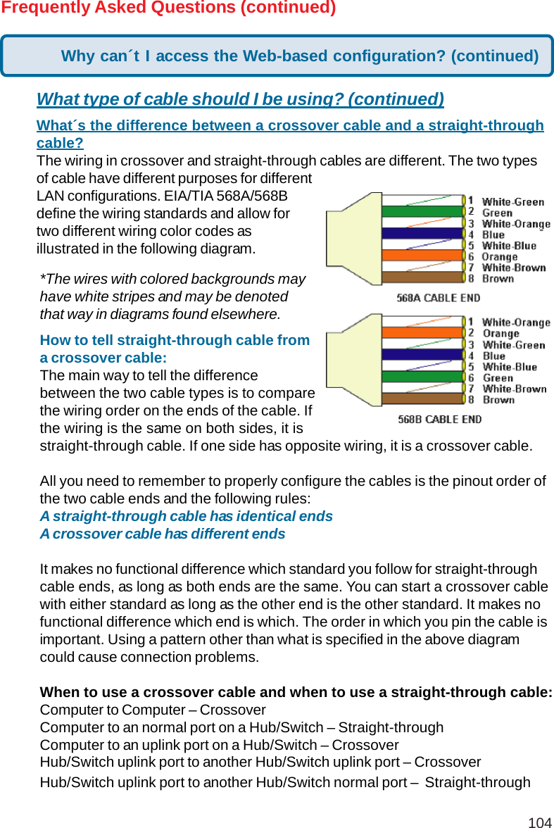 104Frequently Asked Questions (continued)What type of cable should I be using? (continued)What´s the difference between a crossover cable and a straight-throughcable?The wiring in crossover and straight-through cables are different. The two typesof cable have different purposes for differentLAN configurations. EIA/TIA 568A/568Bdefine the wiring standards and allow fortwo different wiring color codes asillustrated in the following diagram.*The wires with colored backgrounds mayhave white stripes and may be denotedthat way in diagrams found elsewhere.How to tell straight-through cable froma crossover cable:The main way to tell the differencebetween the two cable types is to comparethe wiring order on the ends of the cable. Ifthe wiring is the same on both sides, it isstraight-through cable. If one side has opposite wiring, it is a crossover cable.All you need to remember to properly configure the cables is the pinout order ofthe two cable ends and the following rules:A straight-through cable has identical endsA crossover cable has different endsIt makes no functional difference which standard you follow for straight-throughcable ends, as long as both ends are the same. You can start a crossover cablewith either standard as long as the other end is the other standard. It makes nofunctional difference which end is which. The order in which you pin the cable isimportant. Using a pattern other than what is specified in the above diagramcould cause connection problems.When to use a crossover cable and when to use a straight-through cable:Computer to Computer – CrossoverComputer to an normal port on a Hub/Switch – Straight-throughComputer to an uplink port on a Hub/Switch – CrossoverHub/Switch uplink port to another Hub/Switch uplink port – CrossoverHub/Switch uplink port to another Hub/Switch normal port –  Straight-throughWhy can´t I access the Web-based configuration? (continued)