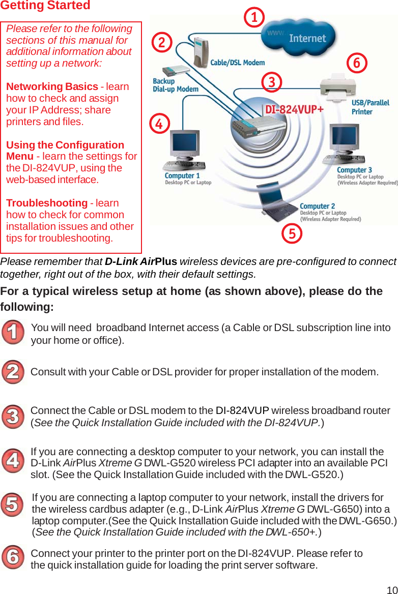 10Please remember that D-Link AirPlus wireless devices are pre-configured to connecttogether, right out of the box, with their default settings.Getting StartedPlease refer to the followingsections of this manual foradditional information aboutsetting up a network:Networking Basics - learnhow to check and assignyour IP Address; shareprinters and files.Using the ConfigurationMenu - learn the settings forthe DI-824VUP, using theweb-based interface.Troubleshooting - learnhow to check for commoninstallation issues and othertips for troubleshooting.For a typical wireless setup at home (as shown above), please do thefollowing:You will need  broadband Internet access (a Cable or DSL subscription line intoyour home or office).Consult with your Cable or DSL provider for proper installation of the modem.Connect the Cable or DSL modem to the DI-824VUP wireless broadband router(See the Quick Installation Guide included with the DI-824VUP.)If you are connecting a desktop computer to your network, you can install theD-Link AirPlus Xtreme G DWL-G520 wireless PCI adapter into an available PCIslot. (See the Quick Installation Guide included with the DWL-G520.)If you are connecting a laptop computer to your network, install the drivers forthe wireless cardbus adapter (e.g., D-Link AirPlus Xtreme G DWL-G650) into alaptop computer.(See the Quick Installation Guide included with the DWL-G650.)(See the Quick Installation Guide included with the DWL-650+.)Connect your printer to the printer port on the DI-824VUP. Please refer tothe quick installation guide for loading the print server software.456312