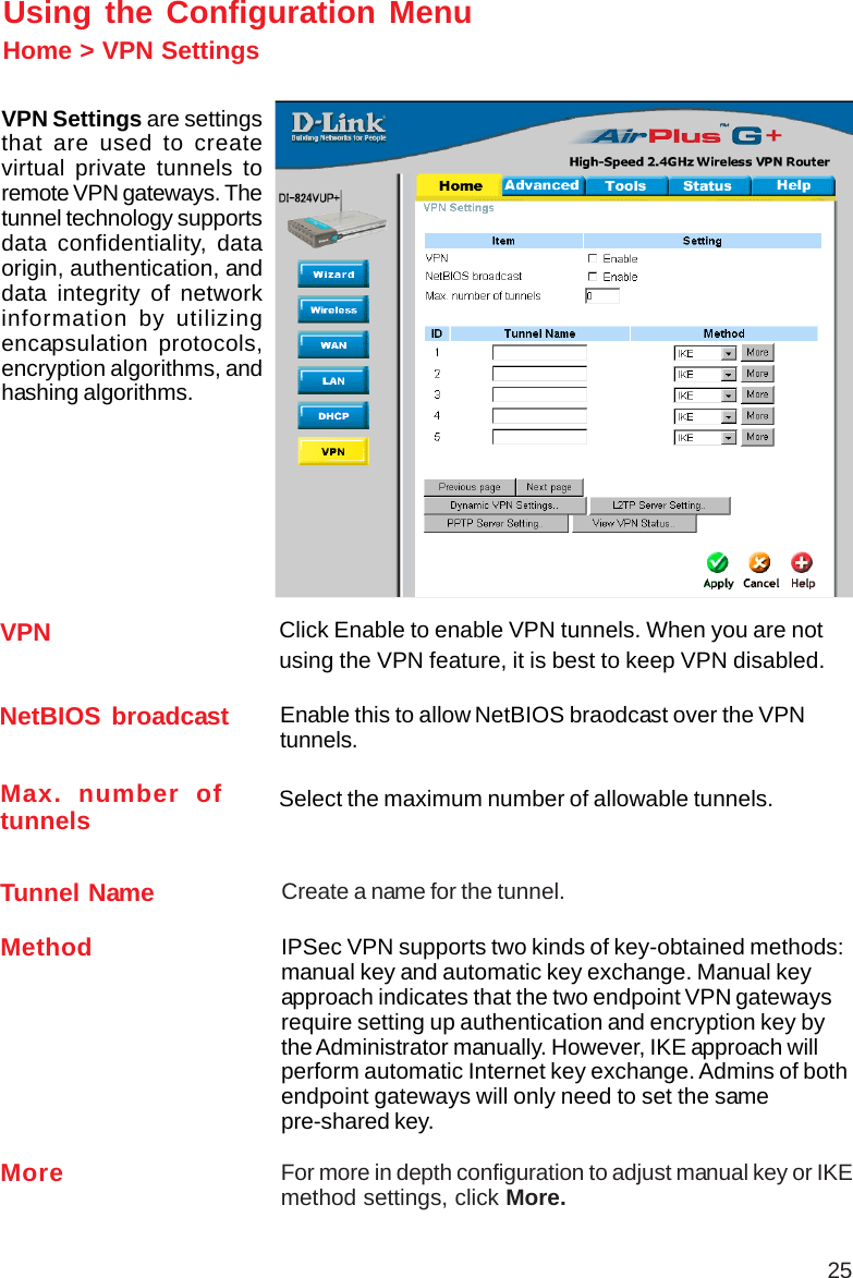 25Home &gt; VPN SettingsUsing the Configuration MenuVPN Settings are settingsthat are used to createvirtual private tunnels toremote VPN gateways. Thetunnel technology supportsdata confidentiality, dataorigin, authentication, anddata integrity of networkinformation by utilizingencapsulation protocols,encryption algorithms, andhashing algorithms.Max. number oftunnelsCreate a name for the tunnel.NetBIOS broadcastClick Enable to enable VPN tunnels. When you are notusing the VPN feature, it is best to keep VPN disabled.VPNMethod IPSec VPN supports two kinds of key-obtained methods:manual key and automatic key exchange. Manual keyapproach indicates that the two endpoint VPN gatewaysrequire setting up authentication and encryption key bythe Administrator manually. However, IKE approach willperform automatic Internet key exchange. Admins of bothendpoint gateways will only need to set the samepre-shared key.For more in depth configuration to adjust manual key or IKEmethod settings, click More.MoreTunnel NameSelect the maximum number of allowable tunnels.Enable this to allow NetBIOS braodcast over the VPNtunnels.