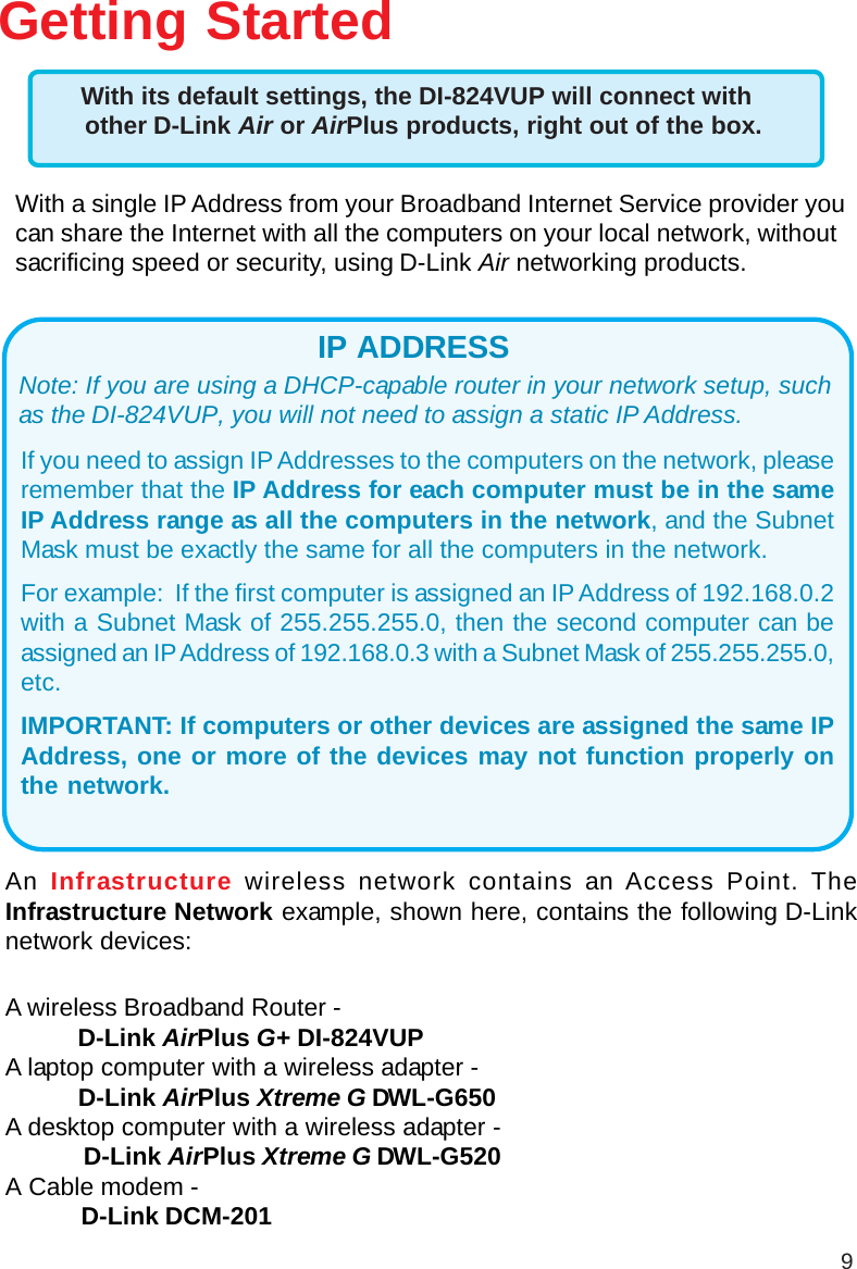 9With a single IP Address from your Broadband Internet Service provider youcan share the Internet with all the computers on your local network, withoutsacrificing speed or security, using D-Link Air networking products.Getting StartedAn Infrastructure wireless network contains an Access Point. TheInfrastructure Network example, shown here, contains the following D-Linknetwork devices:A wireless Broadband Router -           D-Link AirPlus G+ DI-824VUPA laptop computer with a wireless adapter -           D-Link AirPlus Xtreme G DWL-G650A desktop computer with a wireless adapter -            D-Link AirPlus Xtreme G DWL-G520A Cable modem -           D-Link DCM-201If you need to assign IP Addresses to the computers on the network, pleaseremember that the IP Address for each computer must be in the sameIP Address range as all the computers in the network, and the SubnetMask must be exactly the same for all the computers in the network.For example:  If the first computer is assigned an IP Address of 192.168.0.2with a Subnet Mask of 255.255.255.0, then the second computer can beassigned an IP Address of 192.168.0.3 with a Subnet Mask of 255.255.255.0,etc.IMPORTANT: If computers or other devices are assigned the same IPAddress, one or more of the devices may not function properly onthe network.IP ADDRESSWith its default settings, the DI-824VUP will connect withother D-Link Air or AirPlus products, right out of the box.Note: If you are using a DHCP-capable router in your network setup, suchas the DI-824VUP, you will not need to assign a static IP Address.
