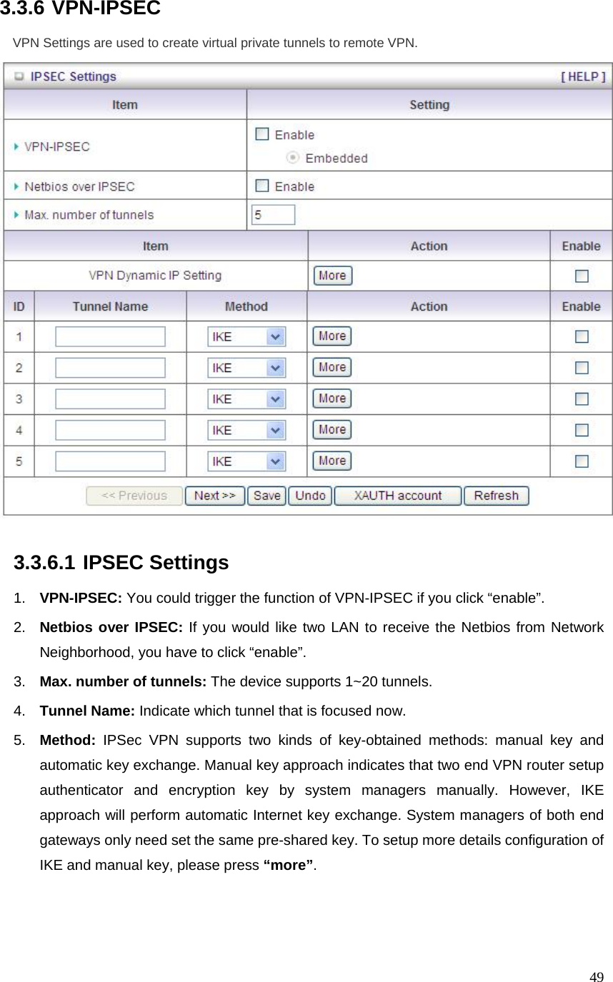  493.3.6 VPN-IPSEC     VPN Settings are used to create virtual private tunnels to remote VPN.   3.3.6.1 IPSEC Settings 1.  VPN-IPSEC: You could trigger the function of VPN-IPSEC if you click “enable”. 2.  Netbios over IPSEC: If you would like two LAN to receive the Netbios from Network Neighborhood, you have to click “enable”. 3.  Max. number of tunnels: The device supports 1~20 tunnels. 4.  Tunnel Name: Indicate which tunnel that is focused now. 5.  Method: IPSec VPN supports two kinds of key-obtained methods: manual key and automatic key exchange. Manual key approach indicates that two end VPN router setup authenticator and encryption key by system managers manually. However, IKE approach will perform automatic Internet key exchange. System managers of both end gateways only need set the same pre-shared key. To setup more details configuration of IKE and manual key, please press “more”.       