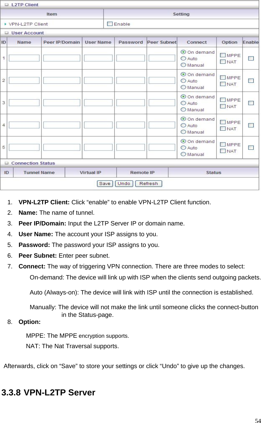  54  1.  VPN-L2TP Client: Click “enable” to enable VPN-L2TP Client function. 2.  Name: The name of tunnel. 3.  Peer IP/Domain: Input the L2TP Server IP or domain name. 4.  User Name: The account your ISP assigns to you. 5.  Password: The password your ISP assigns to you. 6.  Peer Subnet: Enter peer subnet. 7.  Connect: The way of triggering VPN connection. There are three modes to select: On-demand: The device will link up with ISP when the clients send outgoing packets.                  Auto (Always-on): The device will link with ISP until the connection is established.                               Manually: The device will not make the link until someone clicks the connect-button in the Status-page. 8.  Option:  MPPE: The MPPE encryption supports. NAT: The Nat Traversal supports.  Afterwards, click on “Save” to store your settings or click “Undo” to give up the changes.  3.3.8 VPN-L2TP Server 