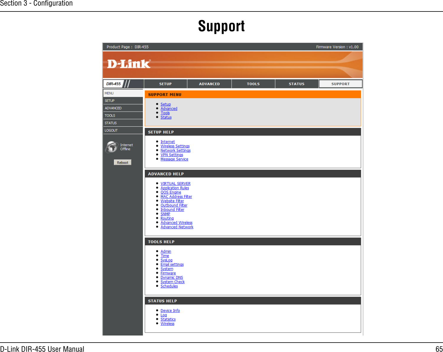 65D-Link DIR-455 User ManualSection 3 - ConﬁgurationSupport
