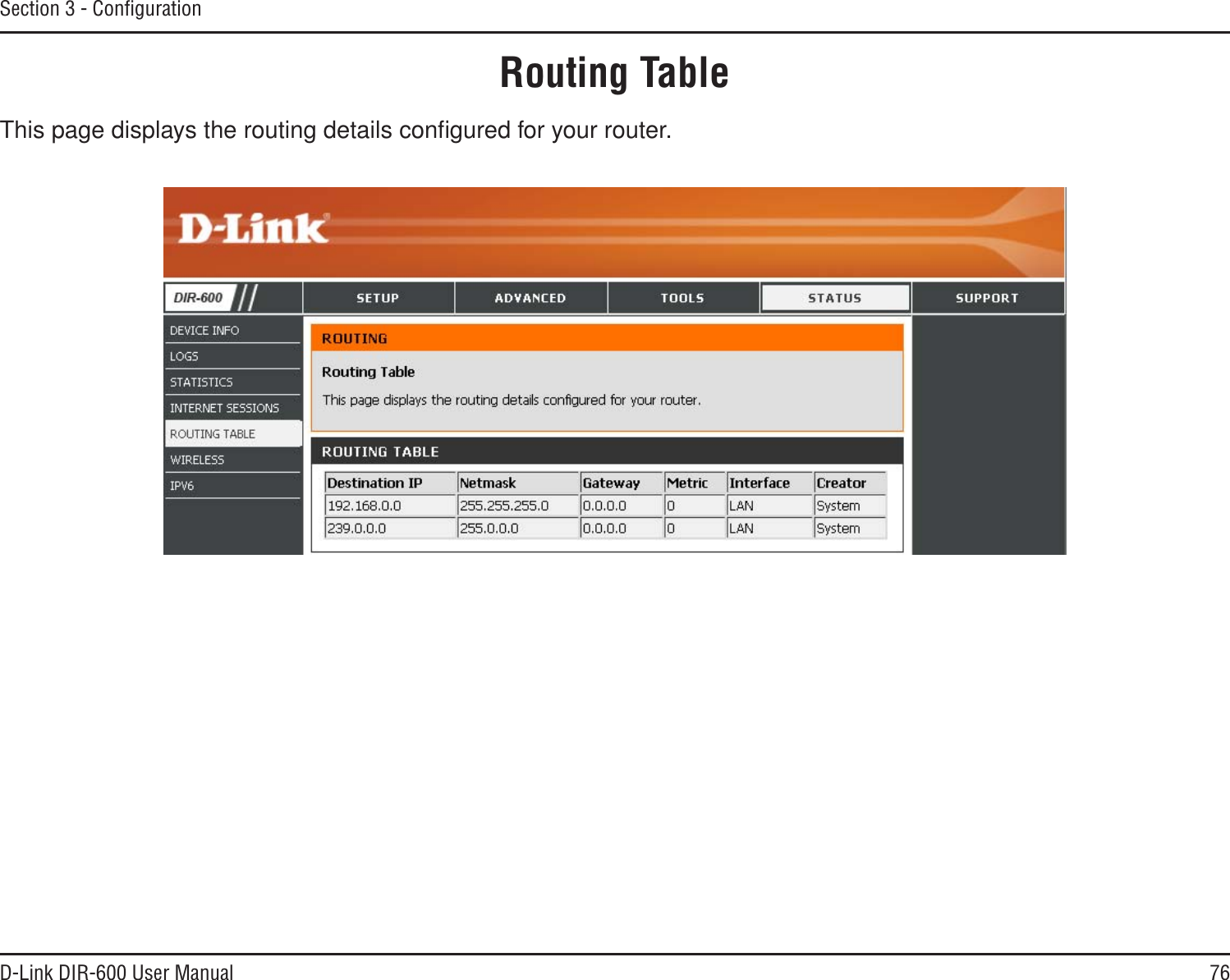 76D-Link DIR-600 User ManualSection 3 - ConﬁgurationThis page displays the routing details conﬁgured for your router.Routing Table