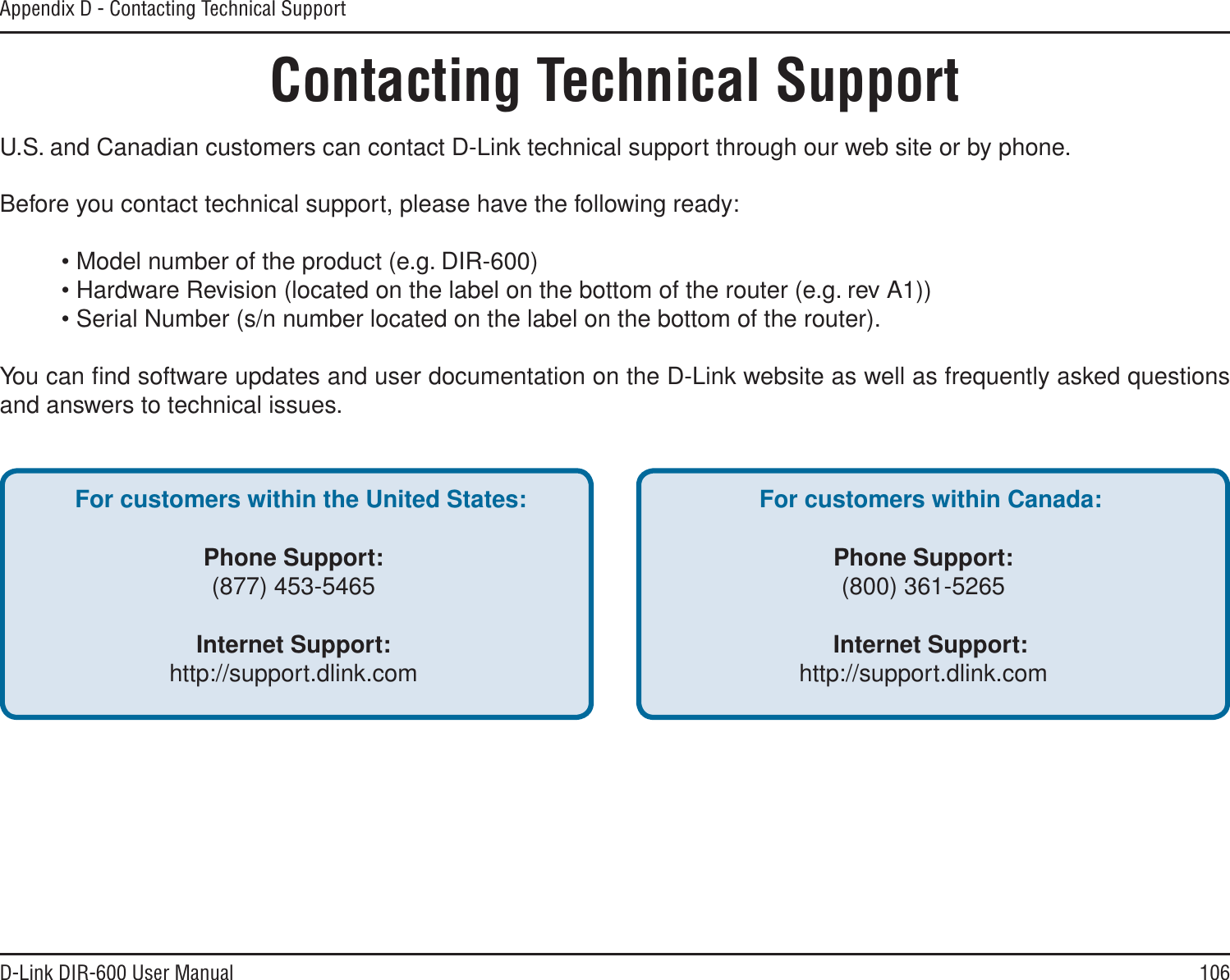106D-Link DIR-600 User ManualAppendix D - Contacting Technical SupportContacting Technical SupportU.S. and Canadian customers can contact D-Link technical support through our web site or by phone.Before you contact technical support, please have the following ready:• Model number of the product (e.g. DIR-600)• Hardware Revision (located on the label on the bottom of the router (e.g. rev A1))• Serial Number (s/n number located on the label on the bottom of the router). You can ﬁnd software updates and user documentation on the D-Link website as well as frequently asked questions and answers to technical issues.For customers within the United States:Phone Support:(877) 453-5465Internet Support:http://support.dlink.comFor customers within Canada:Phone Support:(800) 361-5265Internet Support:http://support.dlink.com