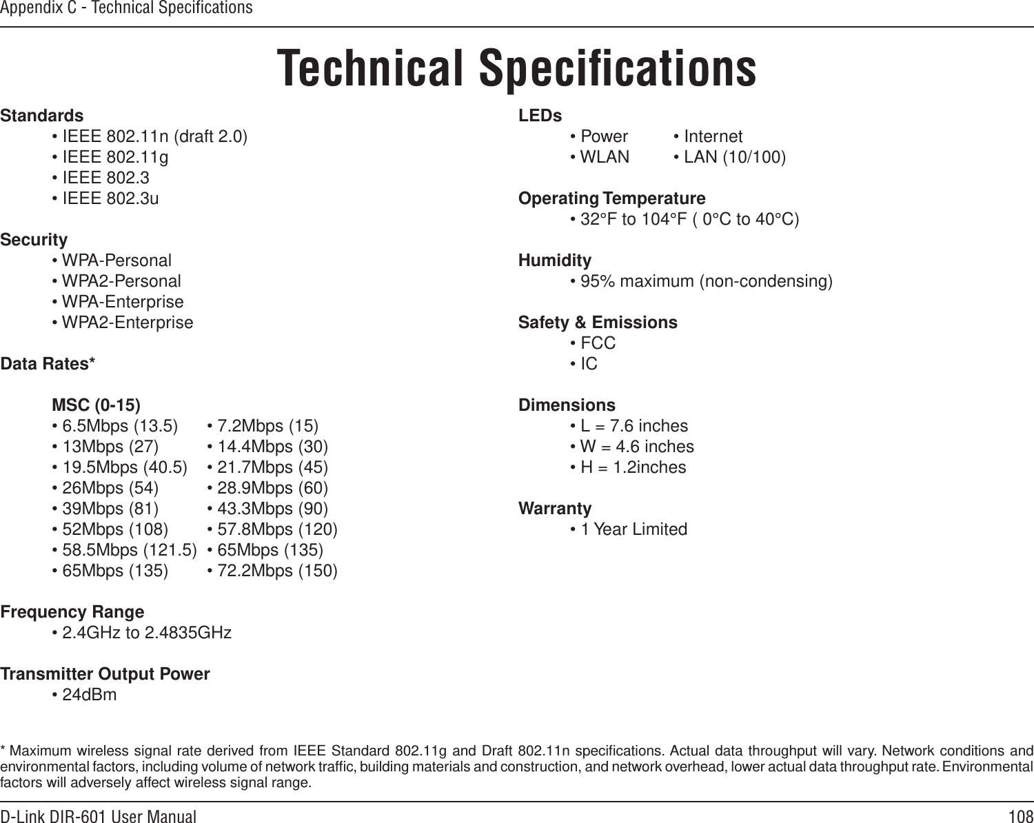108D-Link DIR-601 User ManualAppendix C - Technical SpeciﬁcationsTechnical SpeciﬁcationsStandards  • IEEE 802.11n (draft 2.0)   • IEEE 802.11g  • IEEE 802.3  • IEEE 802.3uSecurity  • WPA-Personal  • WPA2-Personal  • WPA-Enterprise  • WPA2-EnterpriseData Rates* MSC (0-15)  • 6.5Mbps (13.5)  • 7.2Mbps (15)  • 13Mbps (27)  • 14.4Mbps (30)  • 19.5Mbps (40.5)  • 21.7Mbps (45)  • 26Mbps (54)  • 28.9Mbps (60)  • 39Mbps (81)  • 43.3Mbps (90)  • 52Mbps (108)  • 57.8Mbps (120)   • 58.5Mbps (121.5)  • 65Mbps (135)  • 65Mbps (135)  • 72.2Mbps (150) Frequency Range  • 2.4GHz to 2.4835GHzTransmitter Output Power  • 24dBmLEDs  • Power   • Internet     • WLAN   • LAN (10/100)   Operating Temperature  • 32°F to 104°F ( 0°C to 40°C)Humidity  • 95% maximum (non-condensing)Safety &amp; Emissions  • FCC  • IC Dimensions  • L = 7.6 inches  • W = 4.6 inches  • H = 1.2inchesWarranty  • 1 Year Limited*  Maximum wireless signal rate derived from IEEE Standard 802.11g and Draft 802.11n speciﬁcations. Actual data throughput will vary. Network conditions and environmental factors, including volume of network trafﬁc, building materials and construction, and network overhead, lower actual data throughput rate. Environmental factors will adversely affect wireless signal range.