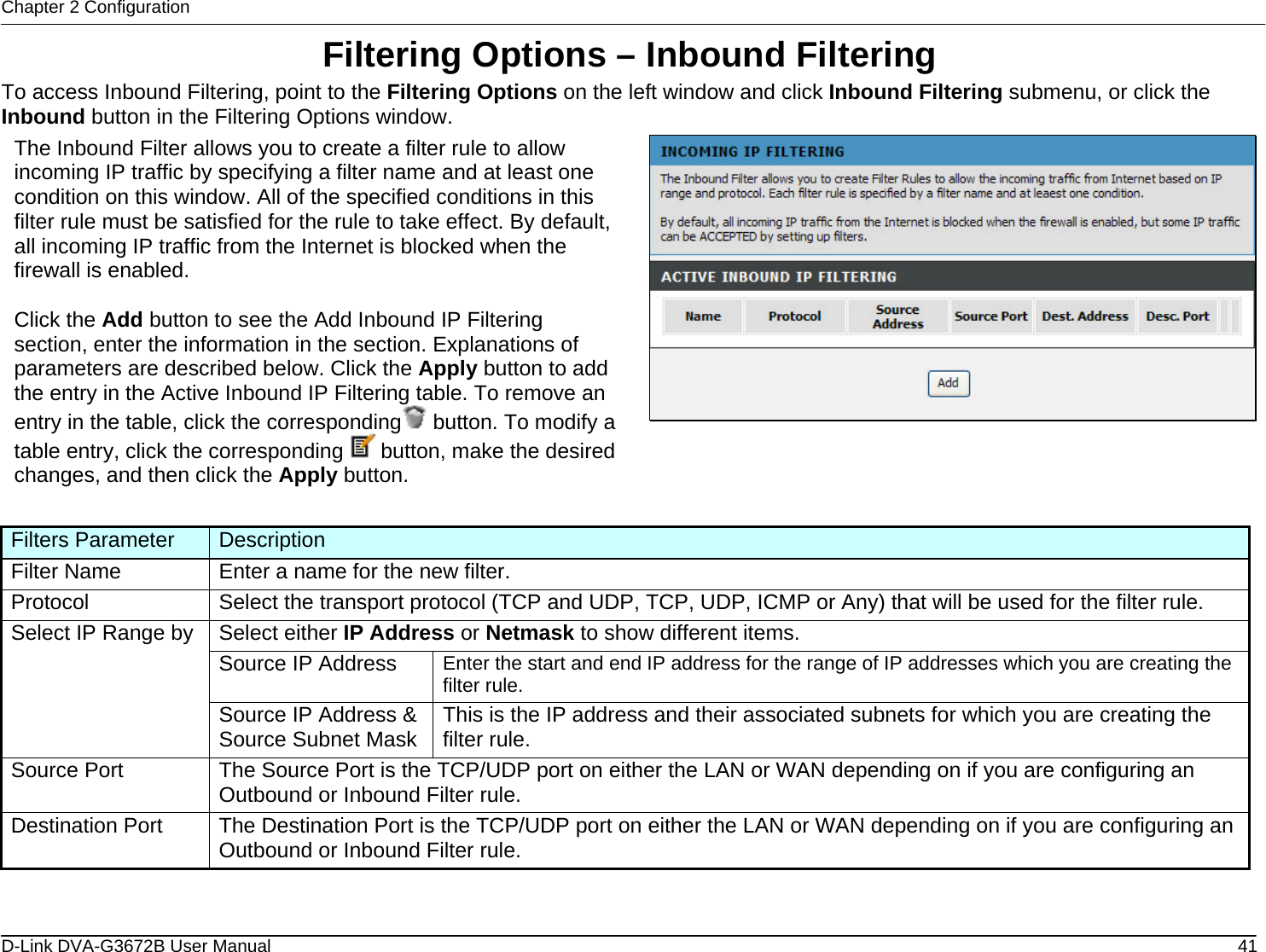 Chapter 2 Configuration Filtering Options – Inbound Filtering To access Inbound Filtering, point to the Filtering Options on the left window and click Inbound Filtering submenu, or click the Inbound button in the Filtering Options window. The Inbound Filter allows you to create a filter rule to allow incoming IP traffic by specifying a filter name and at least one condition on this window. All of the specified conditions in this filter rule must be satisfied for the rule to take effect. By default, all incoming IP traffic from the Internet is blocked when the firewall is enabled.  Click the Add button to see the Add Inbound IP Filtering section, enter the information in the section. Explanations of parameters are described below. Click the Apply button to add the entry in the Active Inbound IP Filtering table. To remove an entry in the table, click the corresponding button. To modify a table entry, click the corresponding   button, make the desired changes, and then click the Apply button.      Filters Parameter  Description Filter Name  Enter a name for the new filter. Protocol  Select the transport protocol (TCP and UDP, TCP, UDP, ICMP or Any) that will be used for the filter rule. Select either IP Address or Netmask to show different items. Source IP Address  Enter the start and end IP address for the range of IP addresses which you are creating the filter rule. Select IP Range by Source IP Address &amp; Source Subnet Mask This is the IP address and their associated subnets for which you are creating the filter rule. Source Port  The Source Port is the TCP/UDP port on either the LAN or WAN depending on if you are configuring an Outbound or Inbound Filter rule. Destination Port  The Destination Port is the TCP/UDP port on either the LAN or WAN depending on if you are configuring an Outbound or Inbound Filter rule.  D-Link DVA-G3672B User Manual  41