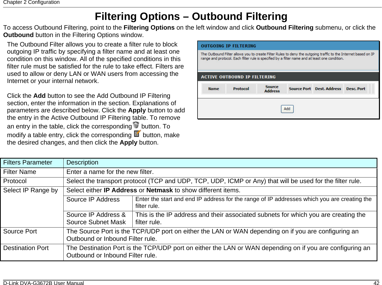 Chapter 2 Configuration Filtering Options – Outbound Filtering To access Outbound Filtering, point to the Filtering Options on the left window and click Outbound Filtering submenu, or click the Outbound button in the Filtering Options window. The Outbound Filter allows you to create a filter rule to block outgoing IP traffic by specifying a filter name and at least one condition on this window. All of the specified conditions in this filter rule must be satisfied for the rule to take effect. Filters are used to allow or deny LAN or WAN users from accessing the Internet or your internal network.  Click the Add button to see the Add Outbound IP Filtering section, enter the information in the section. Explanations of parameters are described below. Click the Apply button to add the entry in the Active Outbound IP Filtering table. To remove an entry in the table, click the corresponding  button. To modify a table entry, click the corresponding   button, make the desired changes, and then click the Apply button.       Filters Parameter  Description Filter Name  Enter a name for the new filter. Protocol  Select the transport protocol (TCP and UDP, TCP, UDP, ICMP or Any) that will be used for the filter rule. Select either IP Address or Netmask to show different items. Source IP Address  Enter the start and end IP address for the range of IP addresses which you are creating the filter rule. Select IP Range by Source IP Address &amp; Source Subnet Mask  This is the IP address and their associated subnets for which you are creating the filter rule. Source Port  The Source Port is the TCP/UDP port on either the LAN or WAN depending on if you are configuring an Outbound or Inbound Filter rule. Destination Port  The Destination Port is the TCP/UDP port on either the LAN or WAN depending on if you are configuring an Outbound or Inbound Filter rule.  D-Link DVA-G3672B User Manual  42