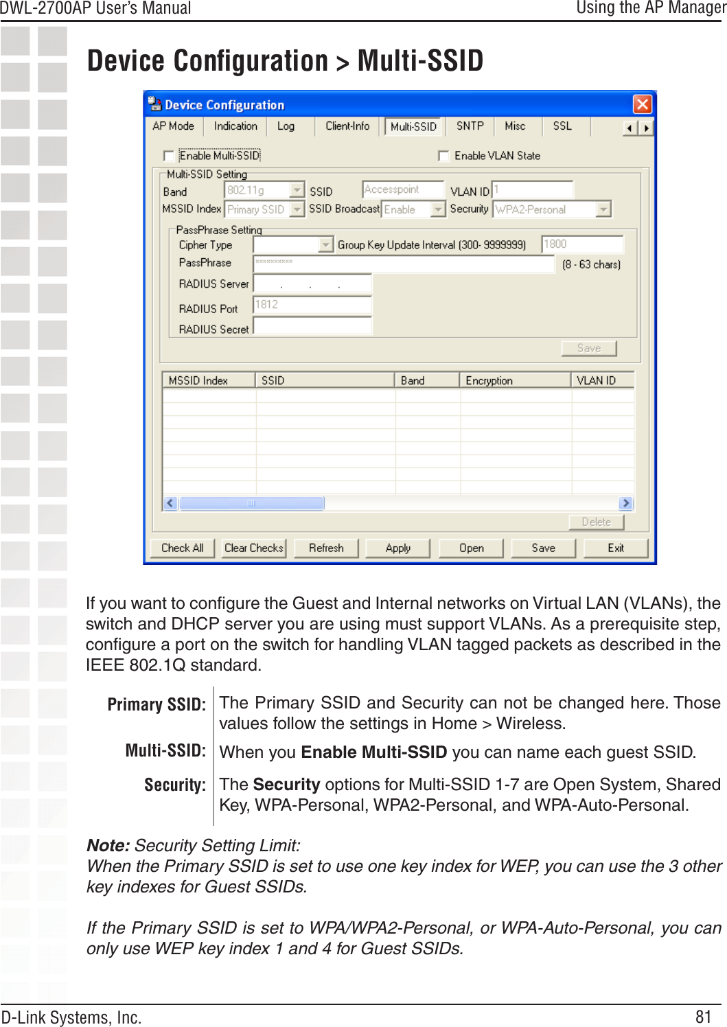 81DWL-2700AP User’s Manual D-Link Systems, Inc.Using the AP ManagerDevice Conﬁguration &gt; Multi-SSIDThe Primary SSID and Security can not be changed here. Those values follow the settings in Home &gt; Wireless.The Security options for Multi-SSID 1-7 are Open System, Shared Key, WPA-Personal, WPA2-Personal, and WPA-Auto-Personal.If you want to conﬁgure the Guest and Internal networks on Virtual LAN (VLANs), the switch and DHCP server you are using must support VLANs. As a prerequisite step, conﬁgure a port on the switch for handling VLAN tagged packets as described in the IEEE 802.1Q standard.  Primary SSID: Multi-SSID: When you Enable Multi-SSID you can name each guest SSID.  Security: Note: Security Setting Limit:When the Primary SSID is set to use one key index for WEP, you can use the 3 other key indexes for Guest SSIDs.If the Primary SSID is set to WPA/WPA2-Personal, or WPA-Auto-Personal, you can only use WEP key index 1 and 4 for Guest SSIDs.