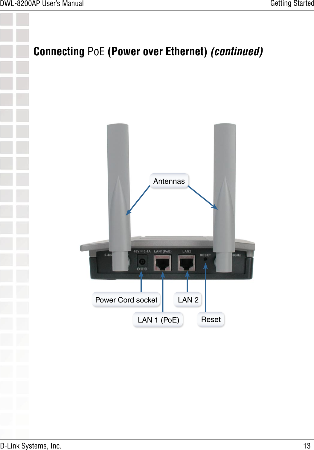13DWL-8200AP User’s ManualD-Link Systems, Inc.Getting StartedPower Cord socketLAN 1 (PoE)AntennasLAN 2ResetConnecting PoE (Power over Ethernet) (continued)