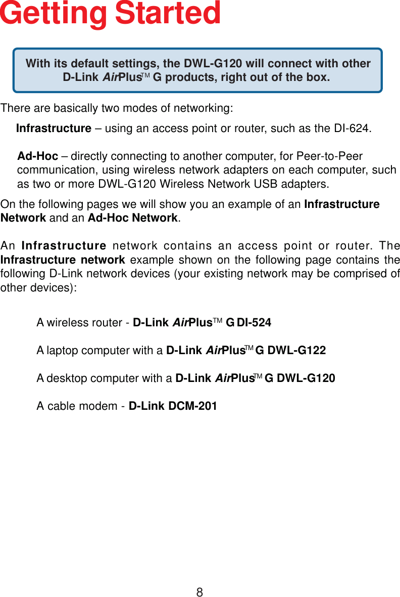 8Getting Started With its default settings, the DWL-G120 will connect with otherD-Link AirPlus   G products, right out of the box.A wireless router - D-Link AirPlusTM G DI-524A laptop computer with a D-Link AirPlus   G DWL-G122A desktop computer with a D-Link AirPlus   G DWL-G120A cable modem - D-Link DCM-201There are basically two modes of networking:Infrastructure – using an access point or router, such as the DI-624.Ad-Hoc – directly connecting to another computer, for Peer-to-Peercommunication, using wireless network adapters on each computer, suchas two or more DWL-G120 Wireless Network USB adapters.On the following pages we will show you an example of an InfrastructureNetwork and an Ad-Hoc Network.An Infrastructure network contains an access point or router. TheInfrastructure network example shown on the following page contains thefollowing D-Link network devices (your existing network may be comprised ofother devices):TMTMTM
