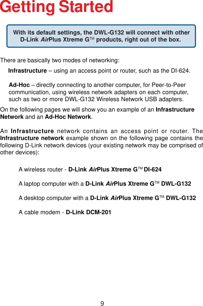 9A wireless router - D-Link AirPlus Xtreme GTM DI-624A laptop computer with a D-Link AirPlus Xtreme GTM DWL-G132A desktop computer with a D-Link AirPlus Xtreme GTM DWL-G132A cable modem - D-Link DCM-201 With its default settings, the DWL-G132 will connect with otherD-Link AirPlus Xtreme GTM products, right out of the box.Getting StartedThere are basically two modes of networking:Infrastructure – using an access point or router, such as the DI-624.Ad-Hoc – directly connecting to another computer, for Peer-to-Peercommunication, using wireless network adapters on each computer,such as two or more DWL-G132 Wireless Network USB adapters.On the following pages we will show you an example of an InfrastructureNetwork and an Ad-Hoc Network.An Infrastructure network contains an access point or router. TheInfrastructure network example shown on the following page contains thefollowing D-Link network devices (your existing network may be comprised ofother devices):